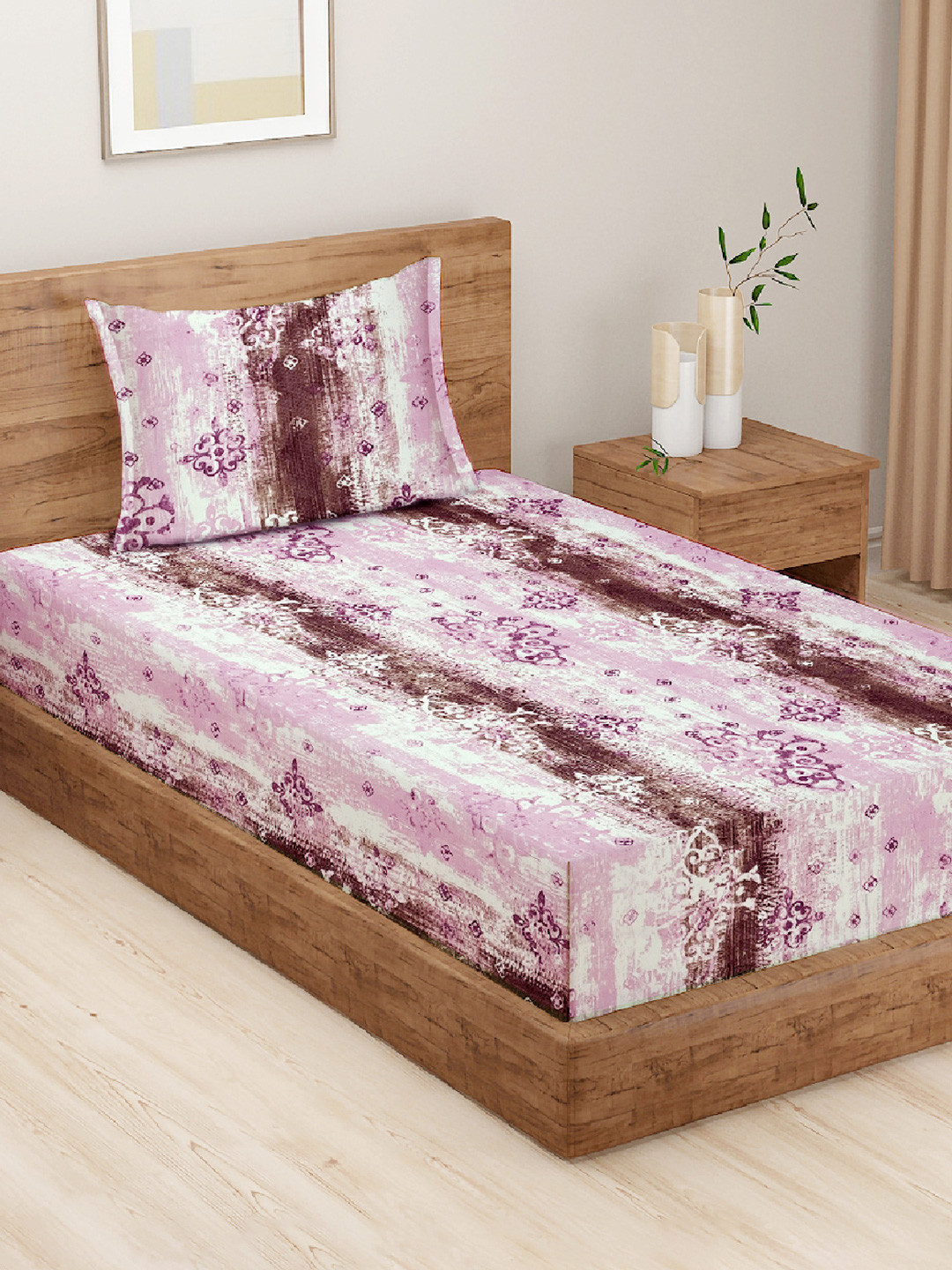SWAYAM Pink Ethnic Motifs Pure Cotton 160 TC Single Bedsheet with a Pillow Cover-88 x 106 inches
