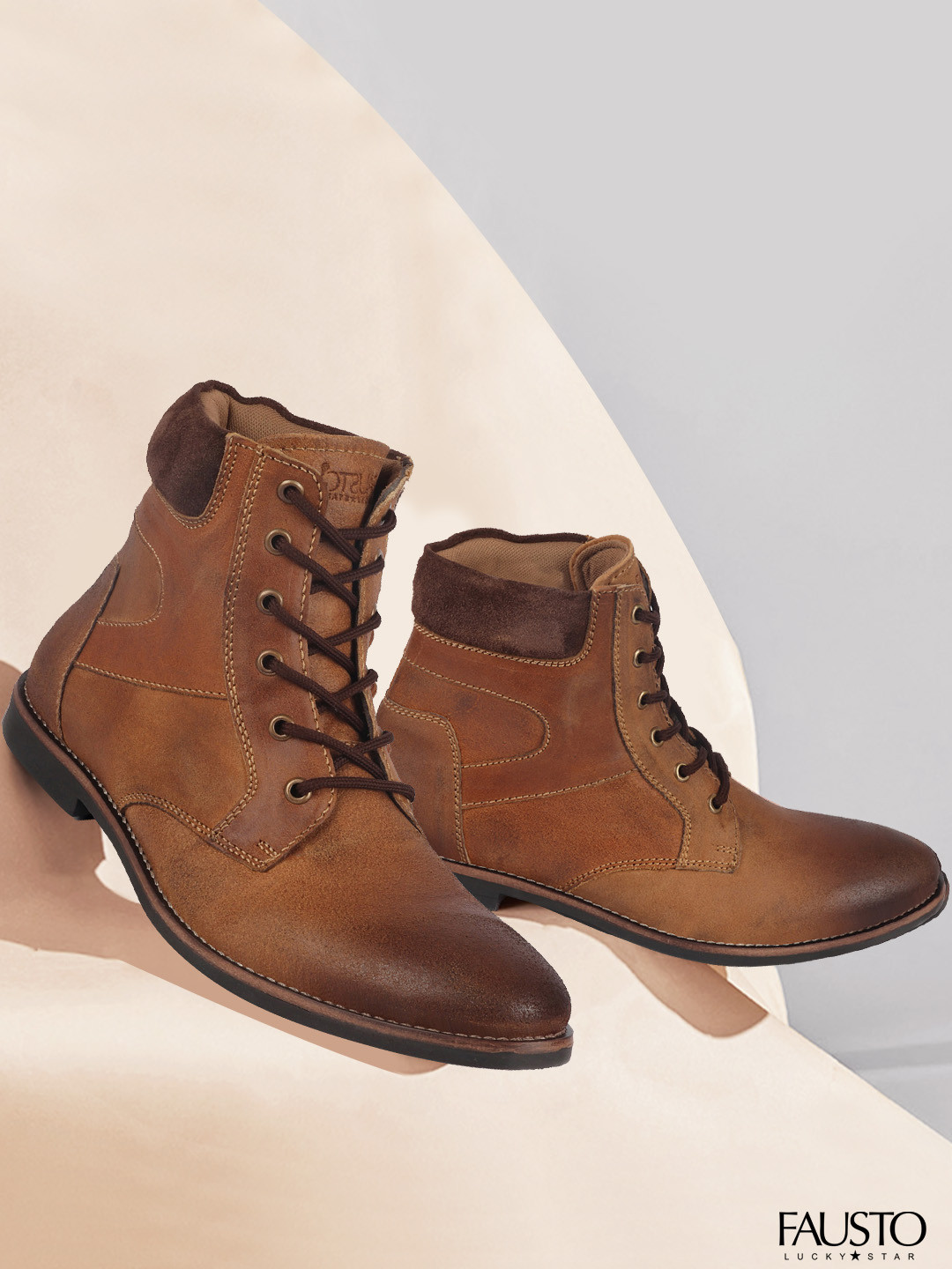 FAUSTO Men Tan Brown Mid-Top Leather Flat Boots
