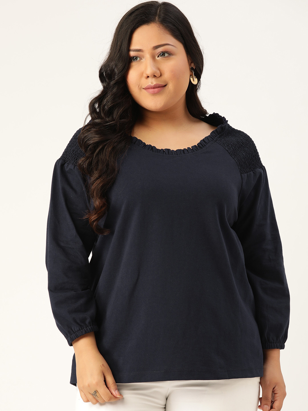 Rute Women Plus Size Navy Blue Solid Pure Cotton Top