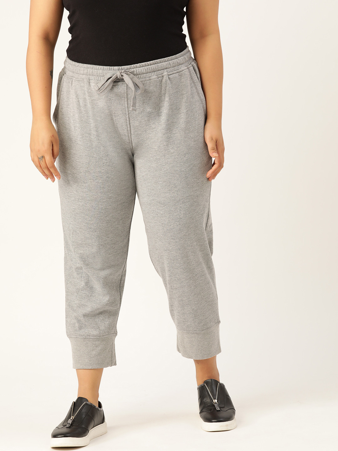 Rute Plus Size Women Grey Melange Straight Fit Solid Cropped Joggers