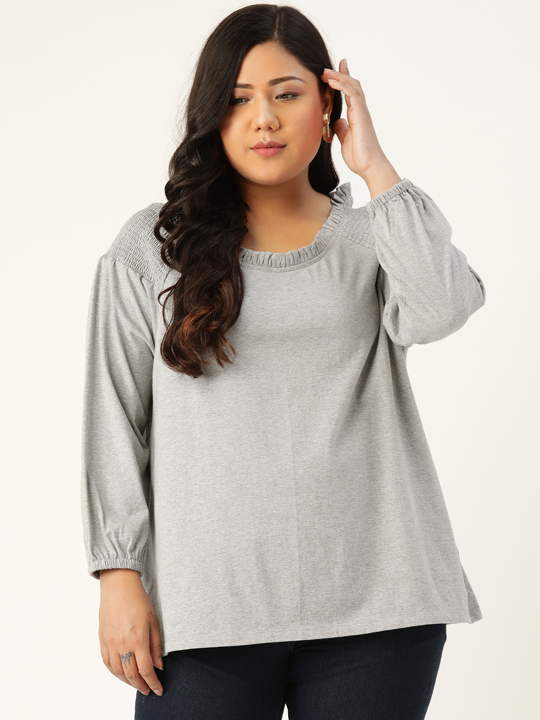 Rute Plus Size Grey Melange Smocked Pure Cotton Top