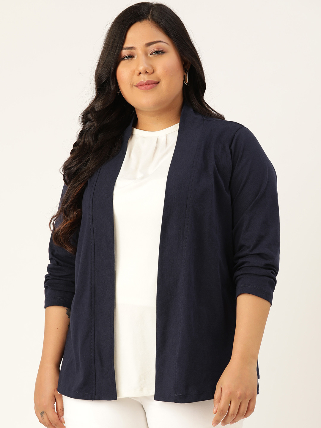 Rute Women Plus Size Navy Blue Cotton Solid Open Front Shrug