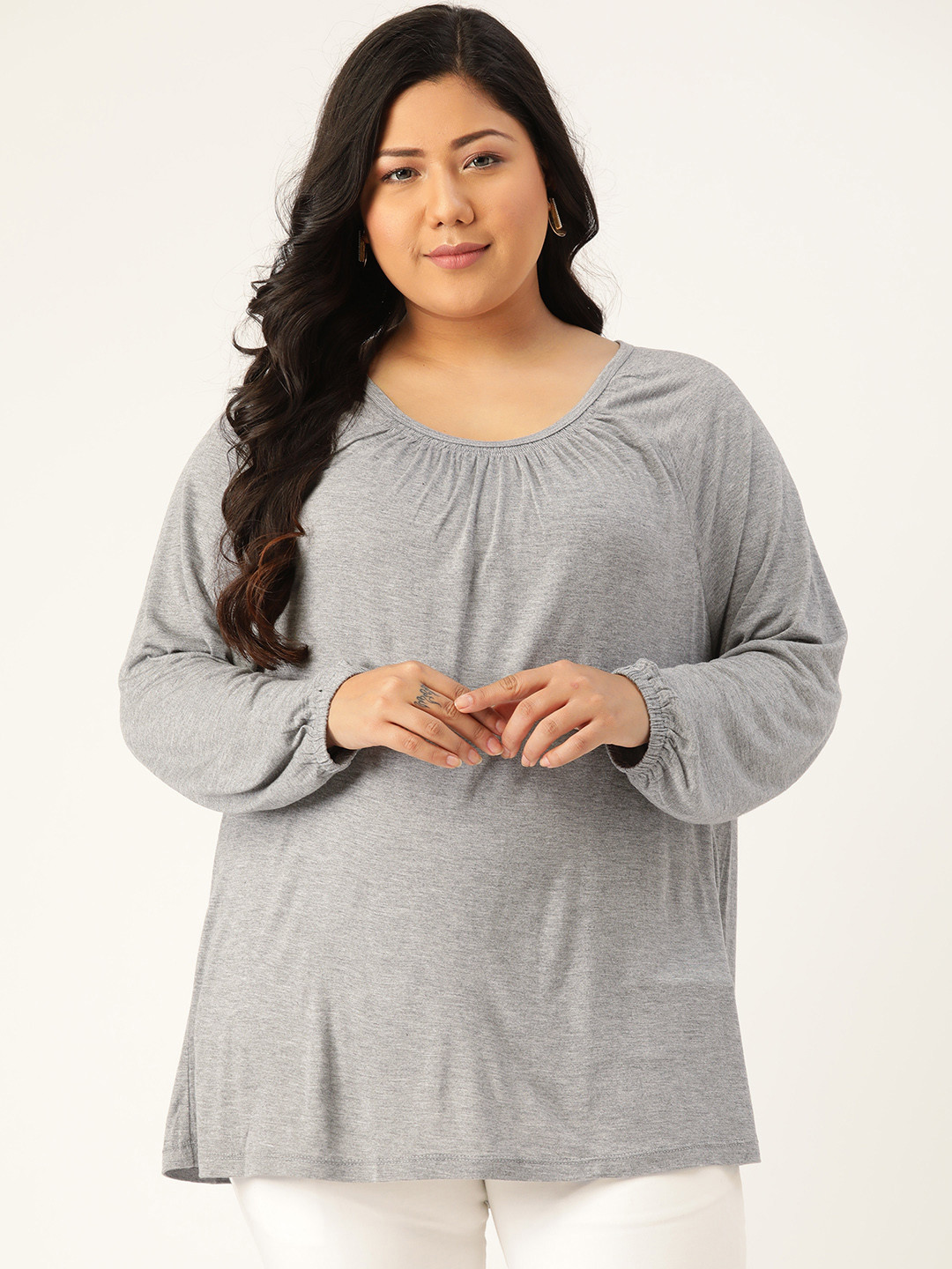 Rute Women Plus Size Grey Solid Top