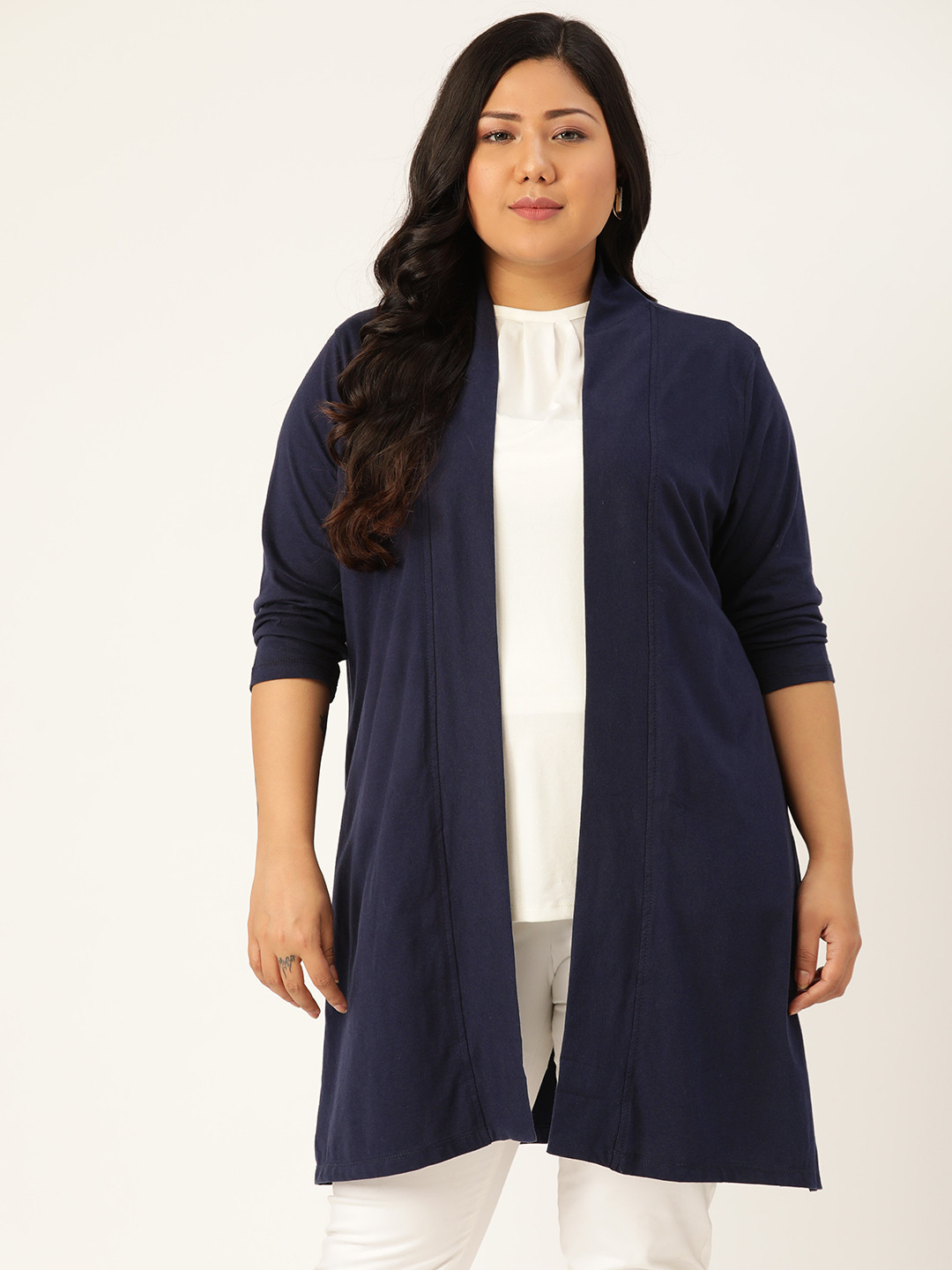 Rute Women Plus Size Navy Blue Cotton Solid Longline Open Front Shrug