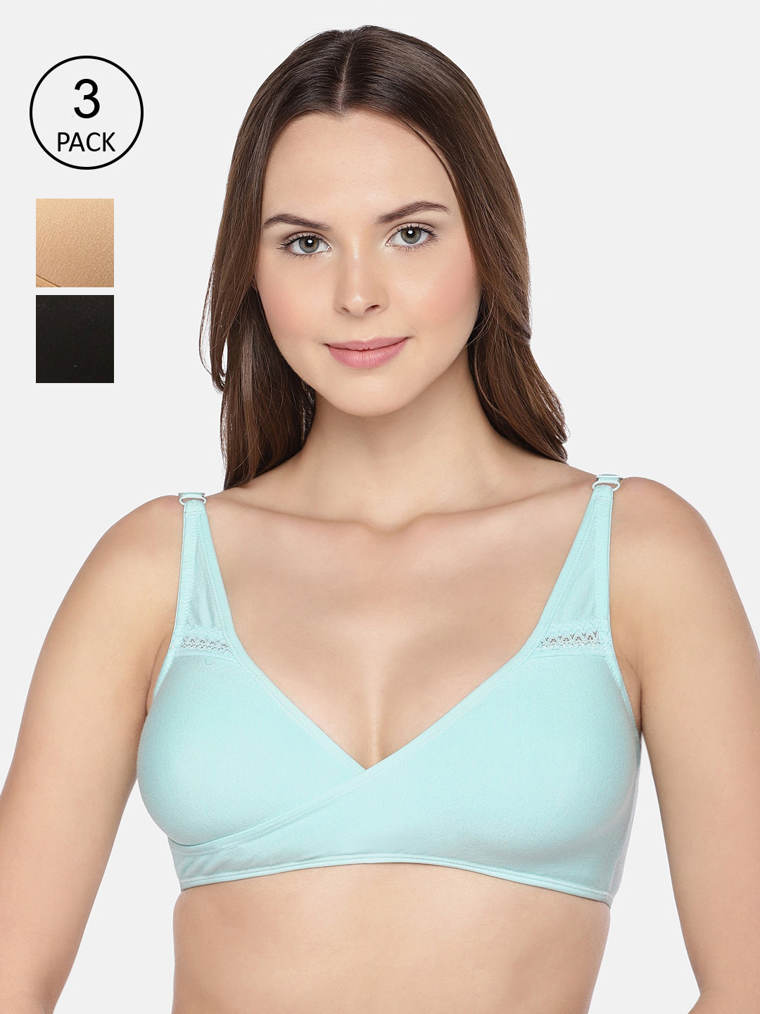 Inner Sense Sea Green & Nude-Coloured Solid Non-Wired Non Padded Maternity Bra Set of 3