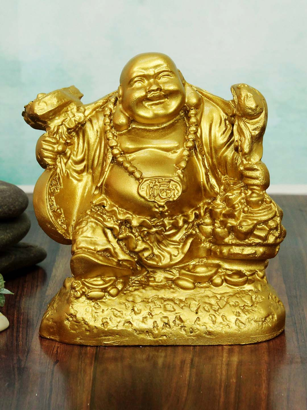TIED RIBBONS Laughing Buddha Gold Polyresin Matte Garden Large Showpiece - 5 Inches