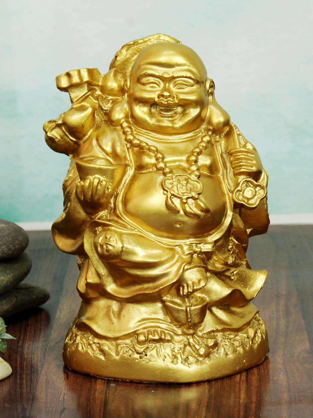 TIED RIBBONS Laughing Buddha Gold Polyresin Metallic Study Room Small Showpiece - 5 Inches