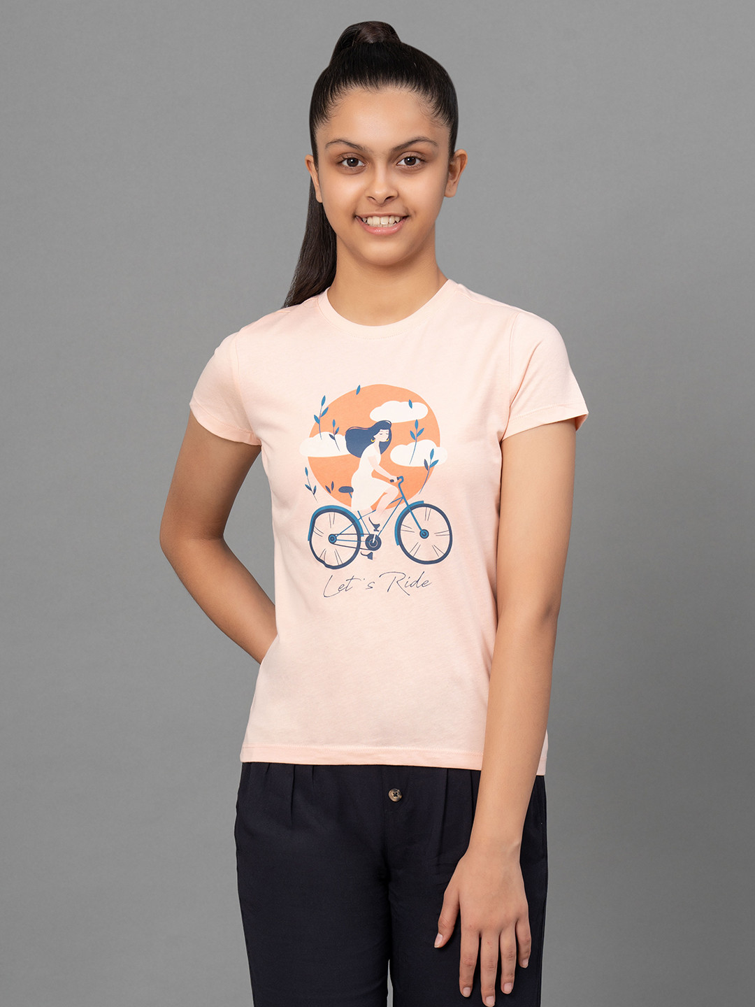 Mode by Red Tape Girls Peach-Coloured Printed Round Neck T-shirt