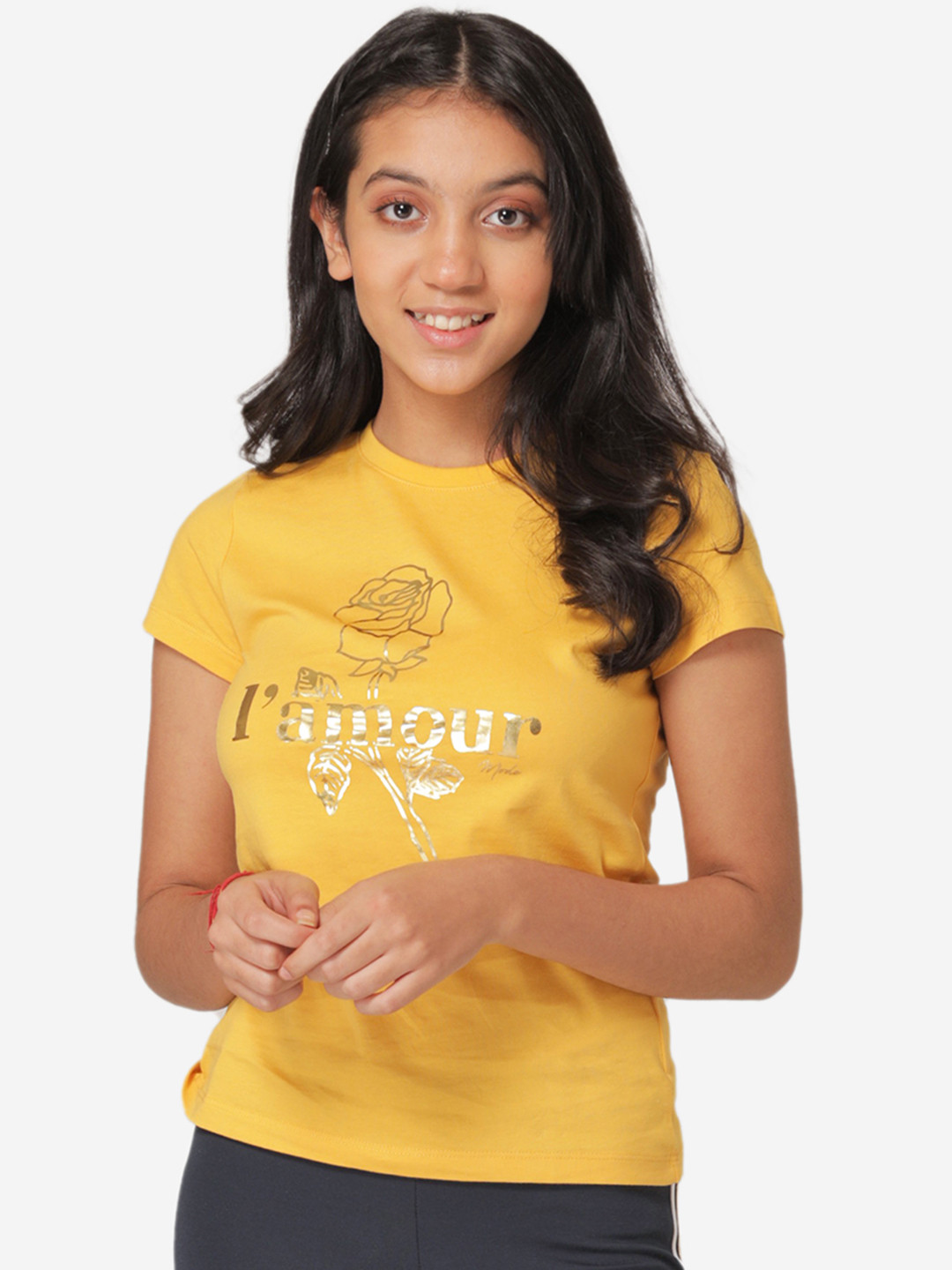 Mode by Red Tape Girls Yellow & Gold-Coloured Printed Round Neck T-shirt