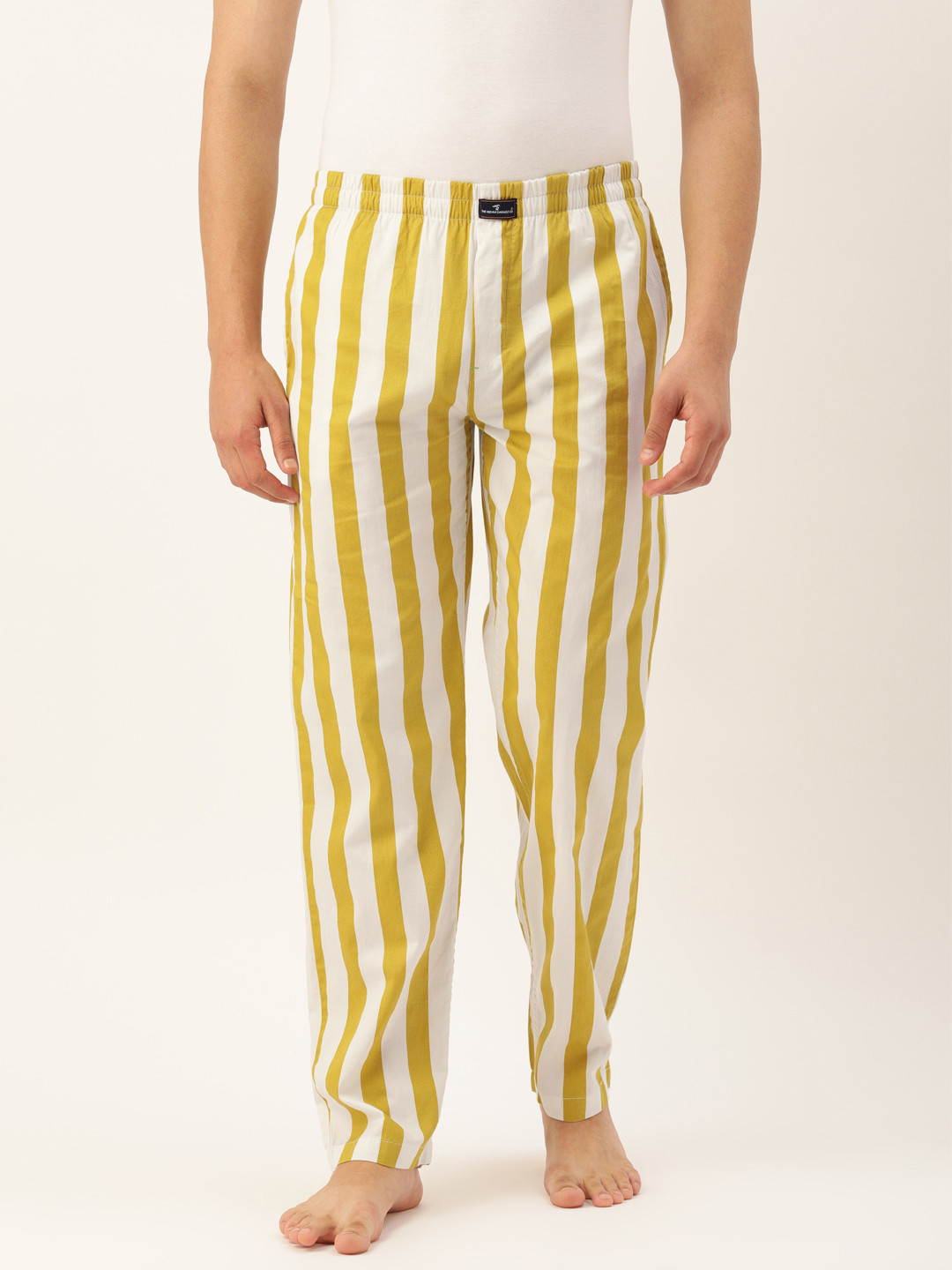 The Indian Garage Co Men White & Mustard Yellow Striped Lounge Pants