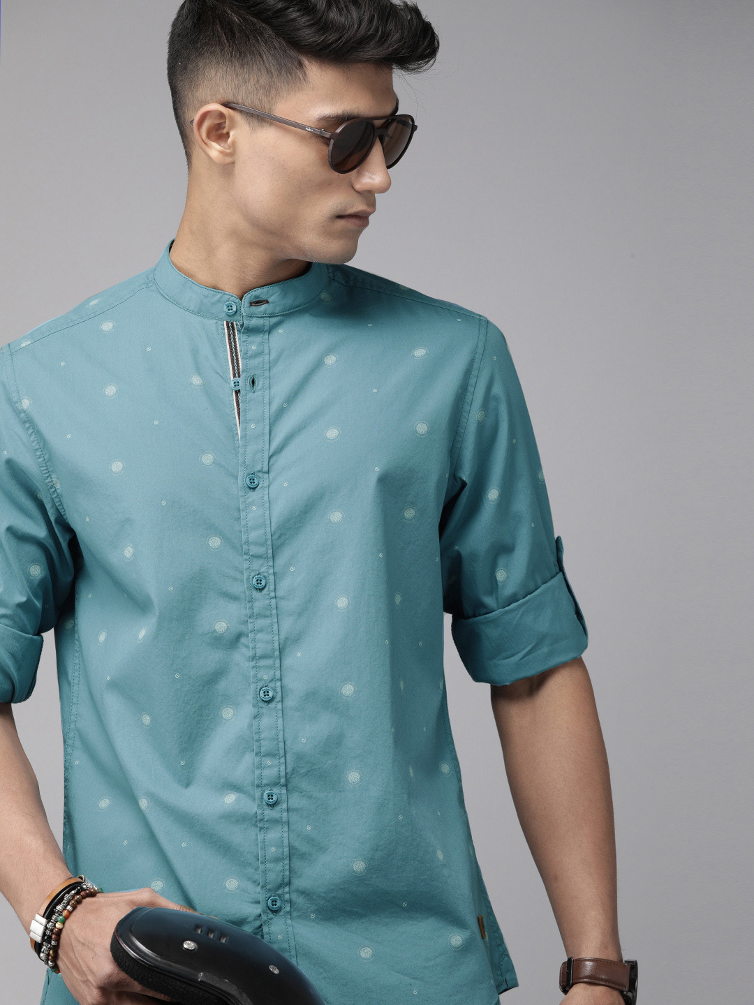 The Roadster Lifestyle Co Men Turquoise Blue ROMAIN AOP Regular Fit Printed  Cotton  Casual Shirt