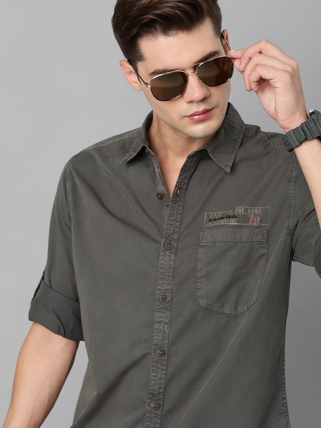 Roadster Men Grey Melange Solid Casual Shirt
