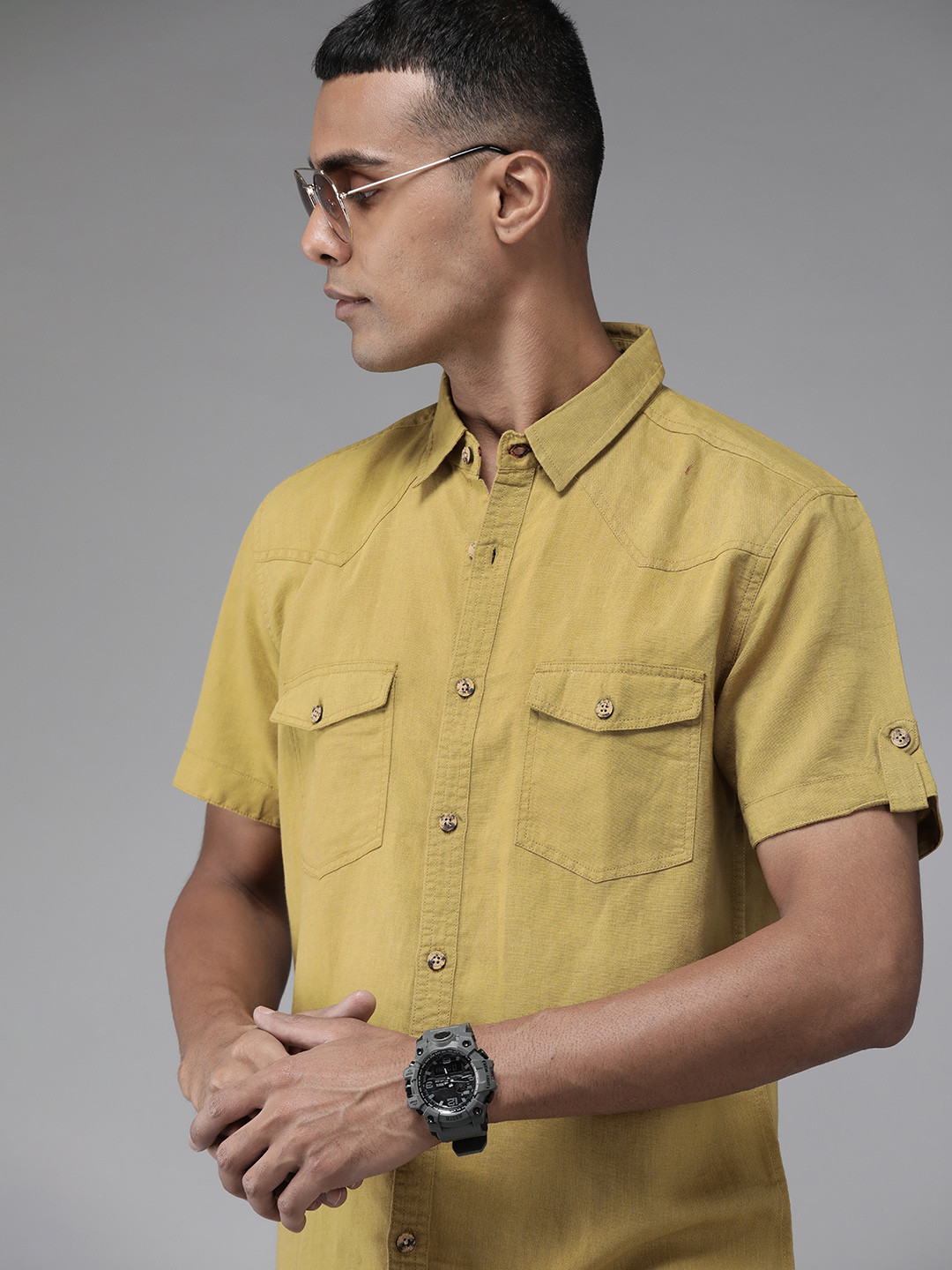 Roadster Men Khaki Linen Cotton Solid  Casual Shirt