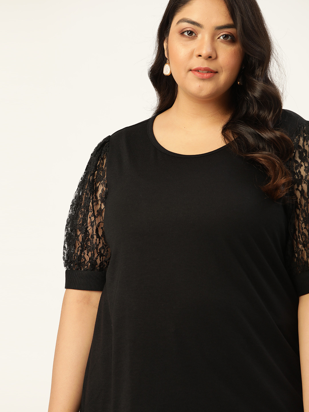 Sztori Plus Size Black Puff Sleeve Regular Top