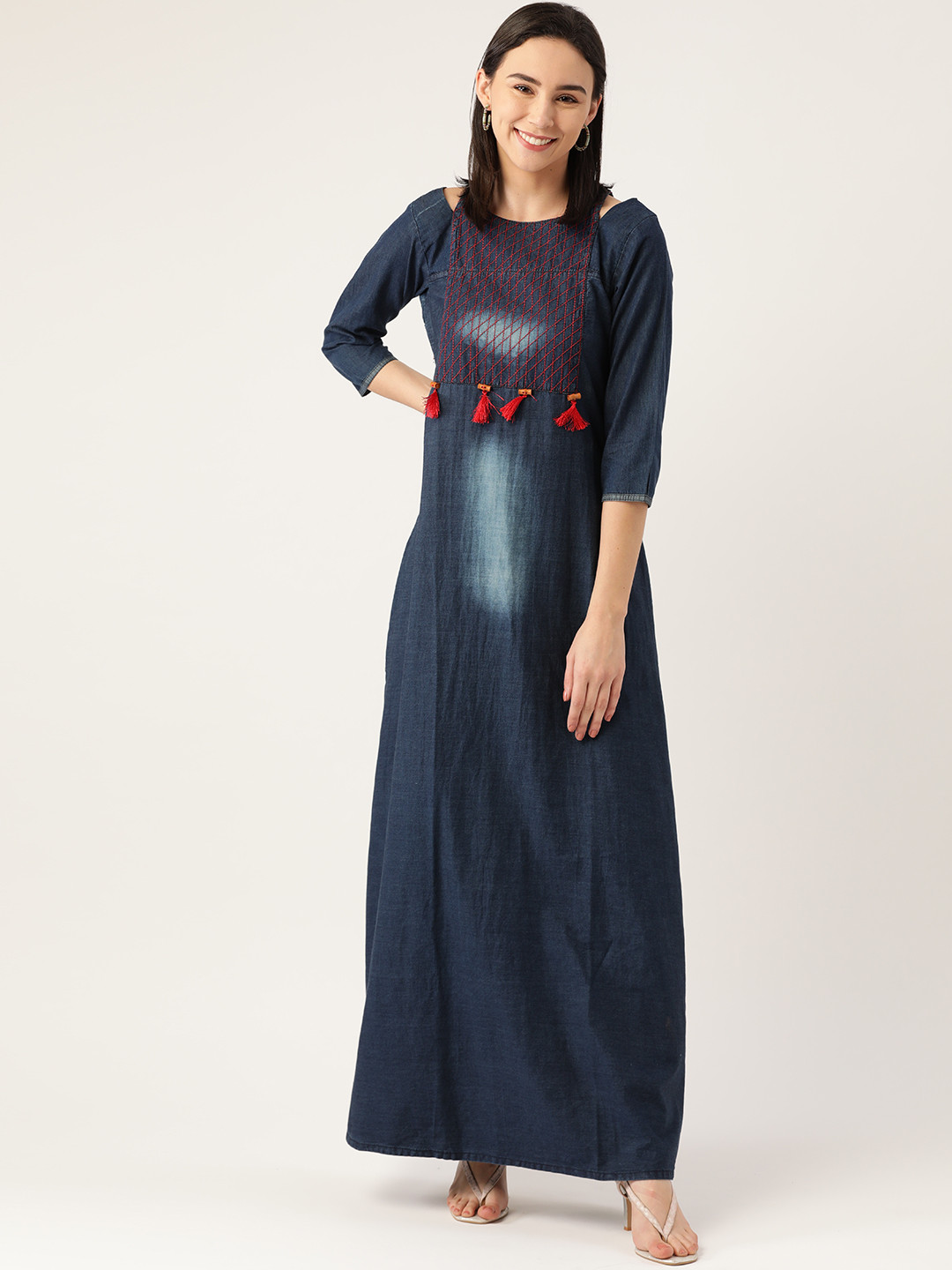 Kvsfab Women Navy Blue A-line Indigo Denim Ankle-Length Kurta with Tasselled Detail