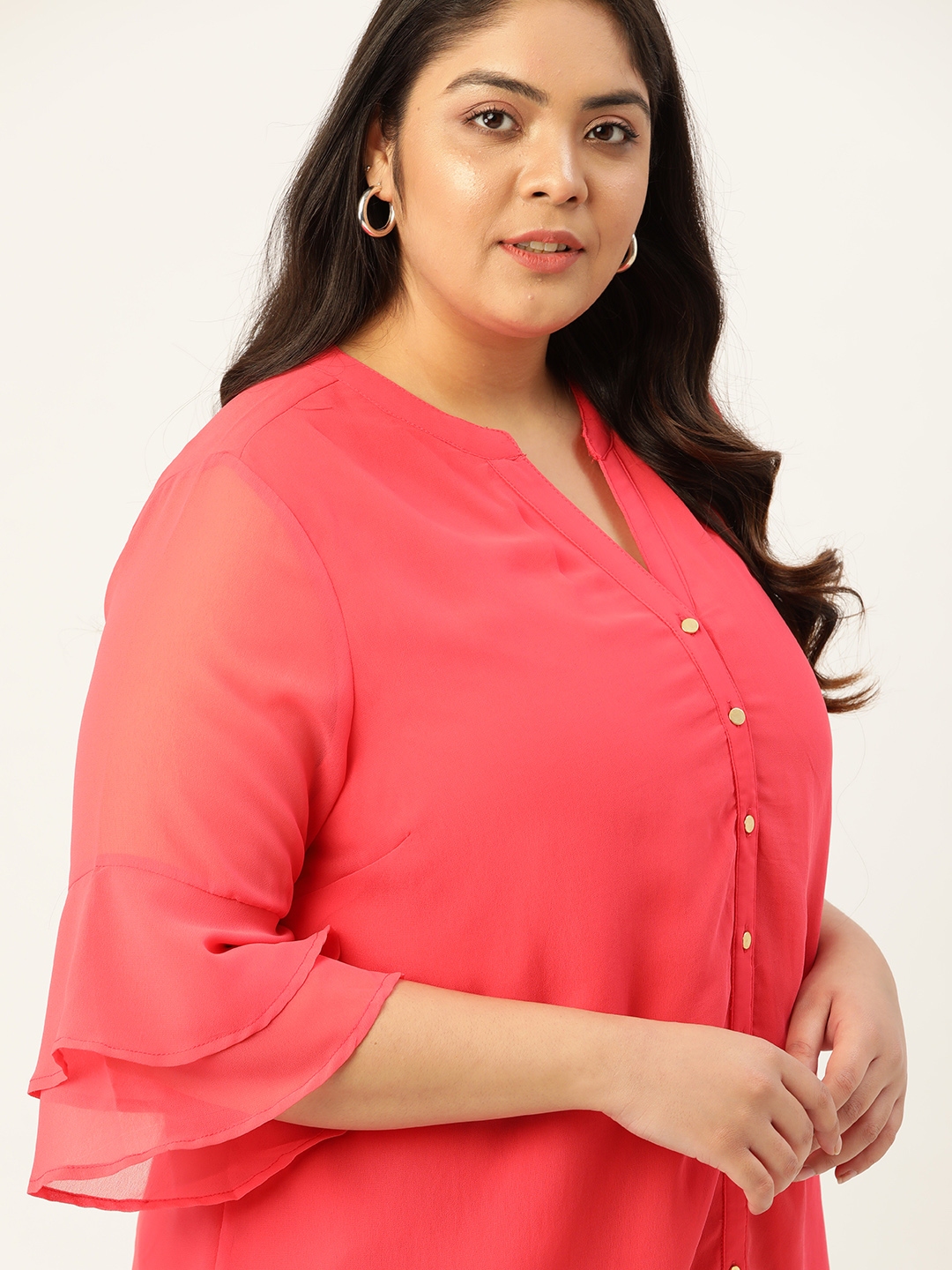 Sztori Plus Size Fuchsia Pink Solid Bell Sleeve Regular Top