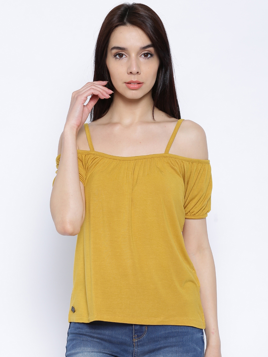 mustard yellow cold shoulder top