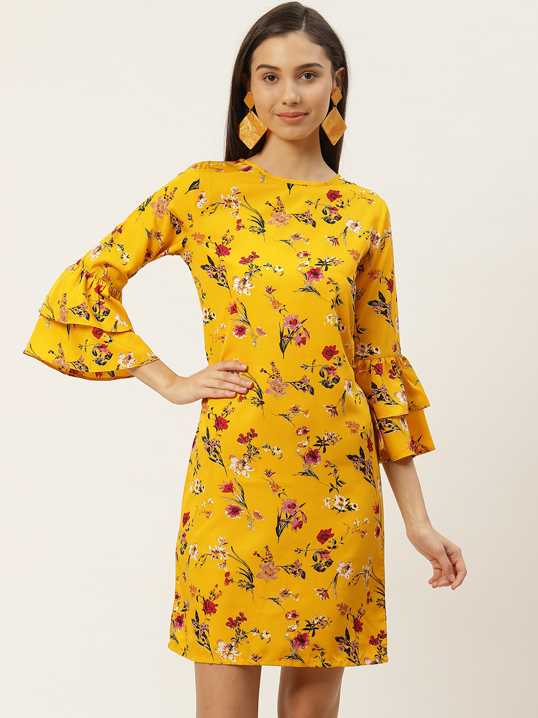 RIVI Women Yellow & Maroon Floral Print A-Line Dress