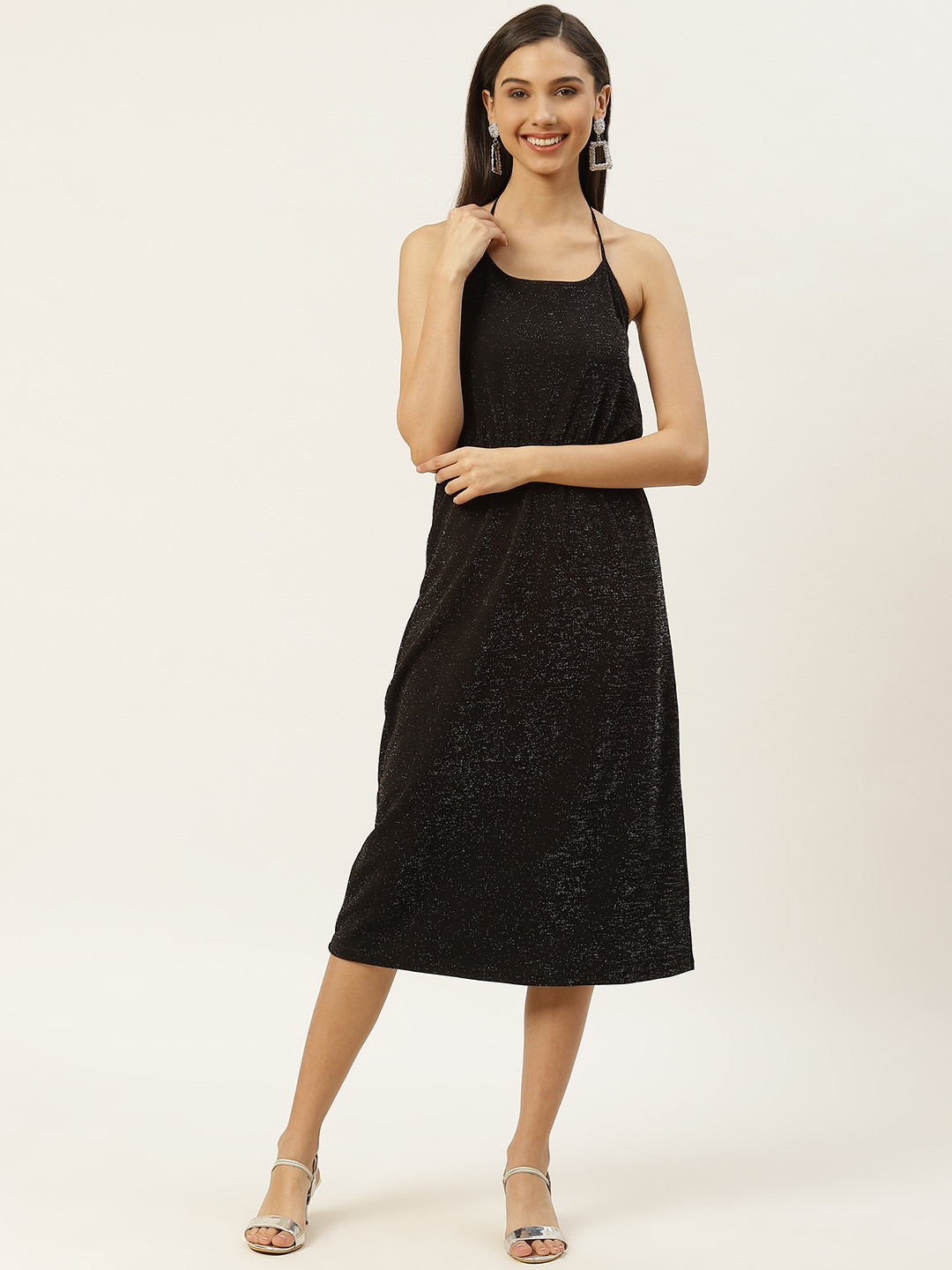 RIVI Women Black Shimmery Halter Neck A-Line Party Dress