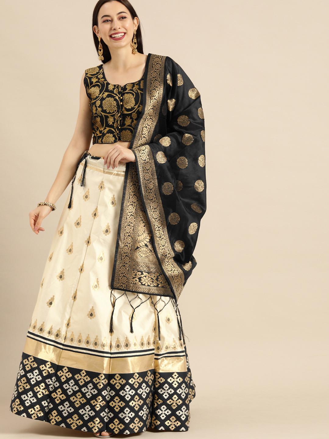 Shaily Cream-Coloured & Black Woven Design Semi-Stitched Lehenga & Ready to Wear Blouse with Dupatta
