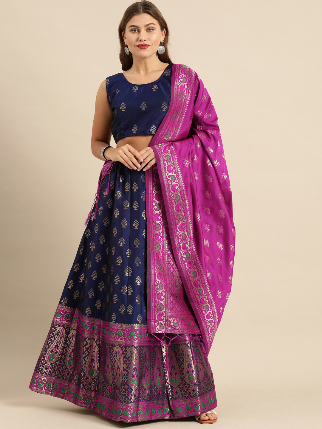 Shaily Navy Blue & Pink Woven Design Semi-Stitched Lehenga & Ready to Wear Blouse with Dupatta