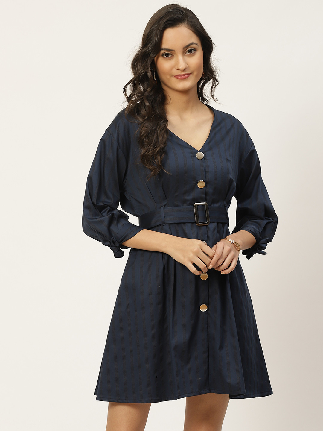 WoowZerz Women Navy Blue & Black Striped A-Line Dress with Belt