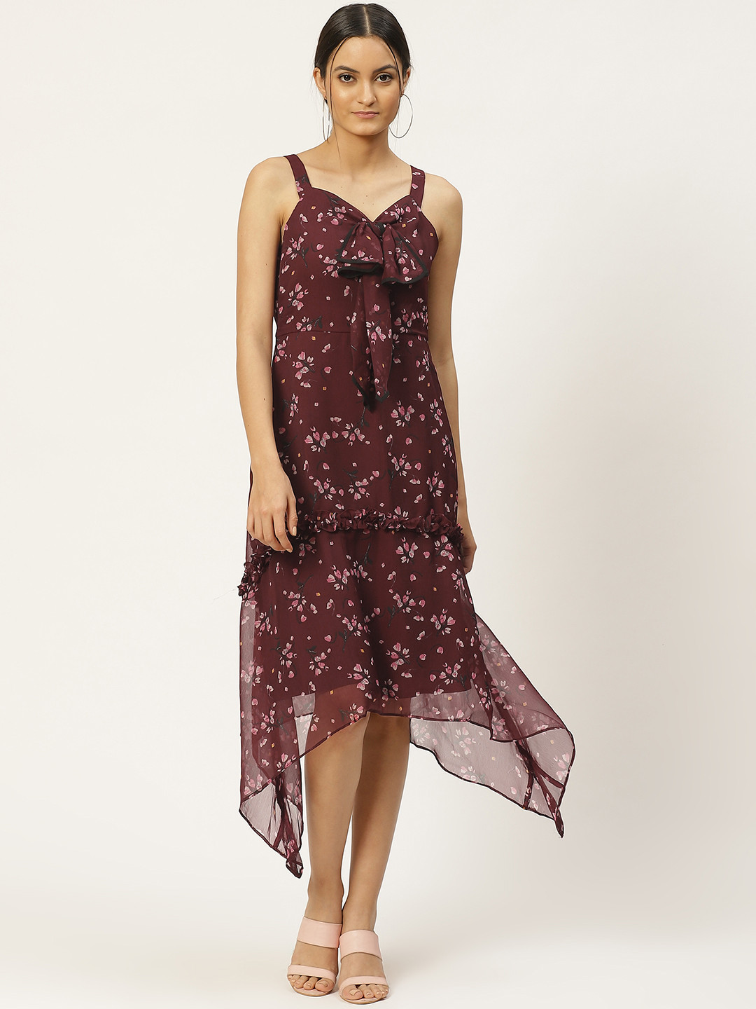 WoowZerz Women Burgundy & Pink Floral Print Asymmetric Tiered A-Line Dress