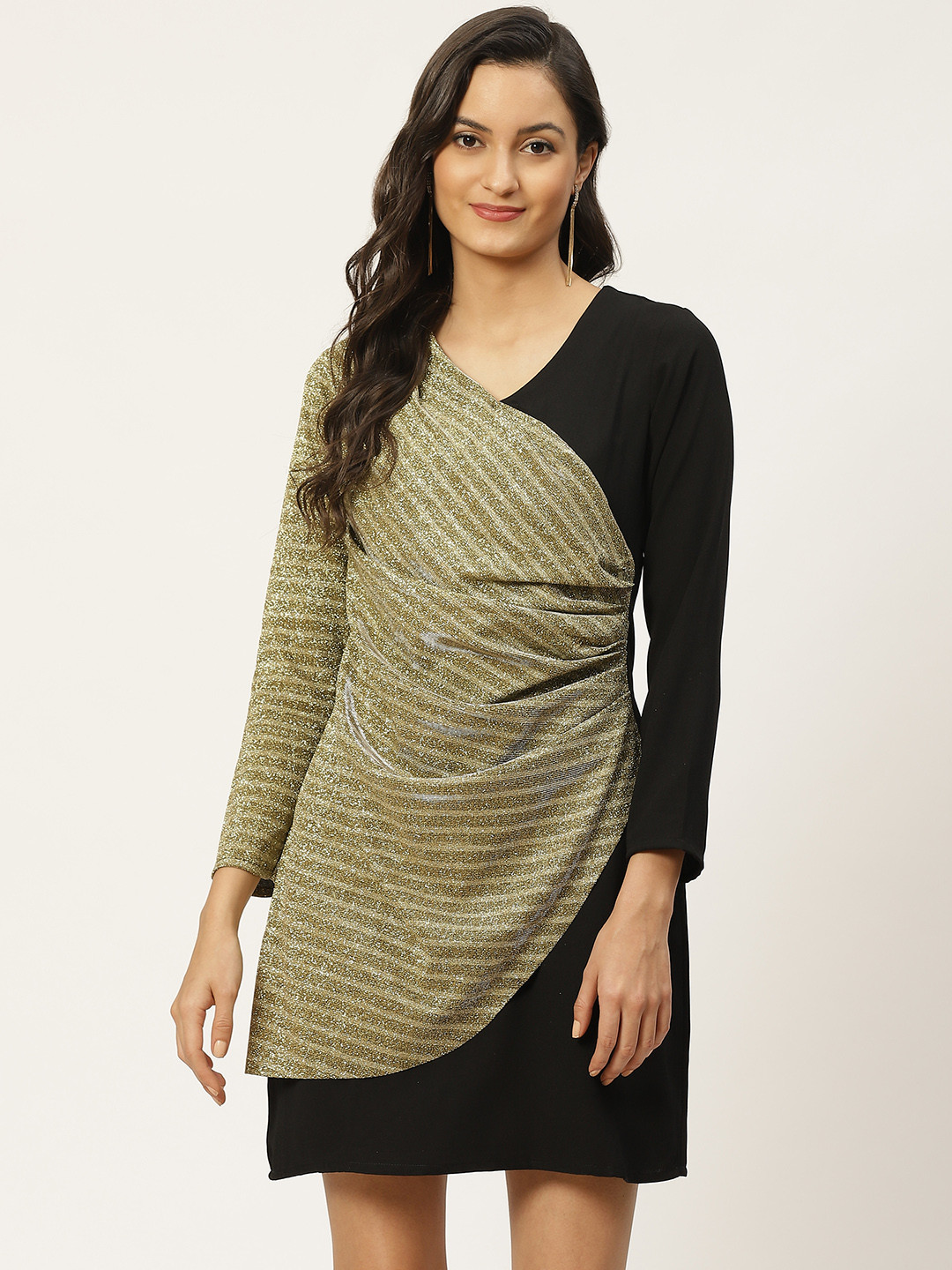 WoowZerz Women Black & Golden Striped Wrap Dress