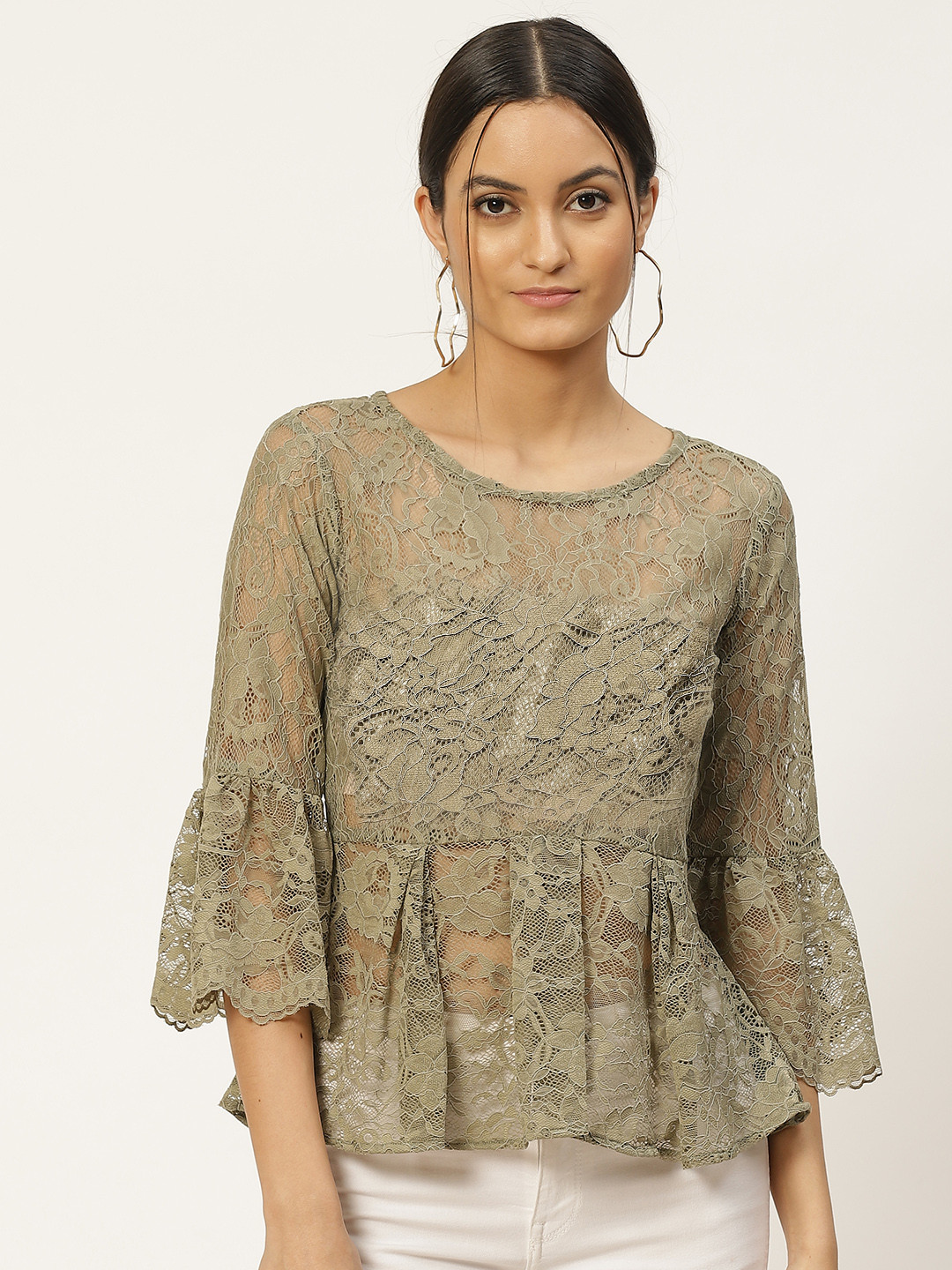 WoowZerz Women Olive Green Sheer Floral Bell Sleeves Net Top