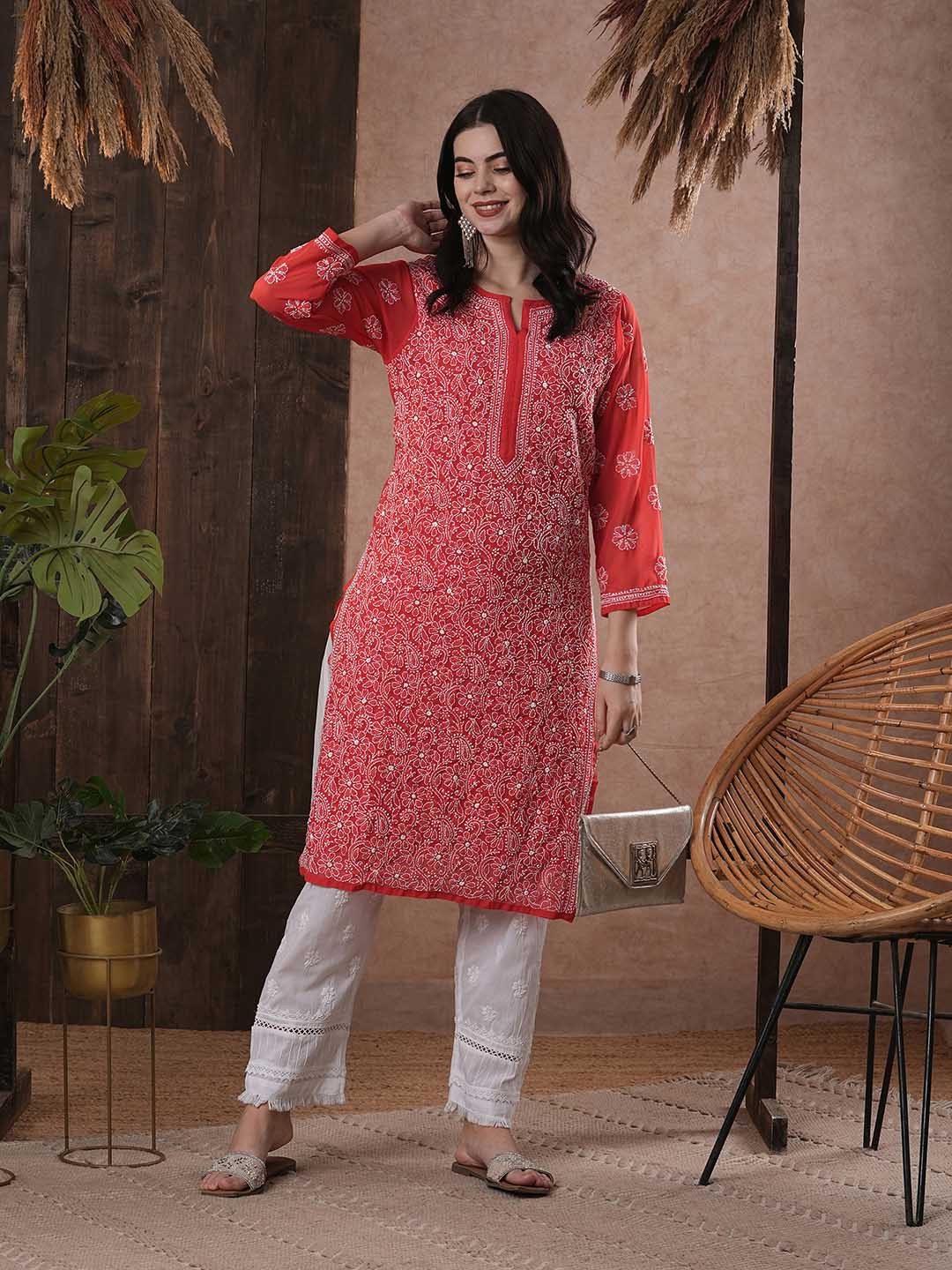 ADA Women Plus Size Red & White Ethnic Motifs Embroidered Chikankari Handloom Kurta