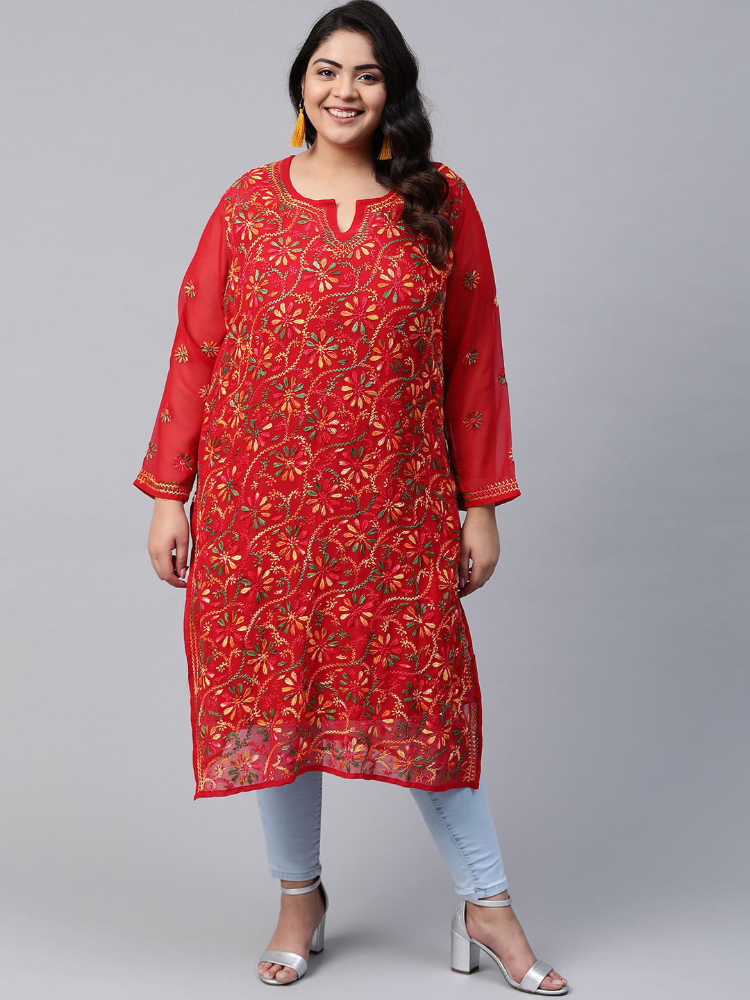 ADA Women Plus Size Red & Green Floral Embroidered Chikankari Kurta With Slip