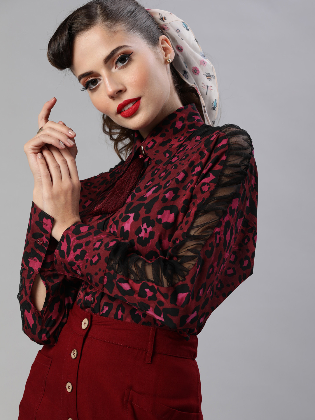 KASSUALLY Women Burgundy & Pink Boxy Animal Printed Casual Shirt