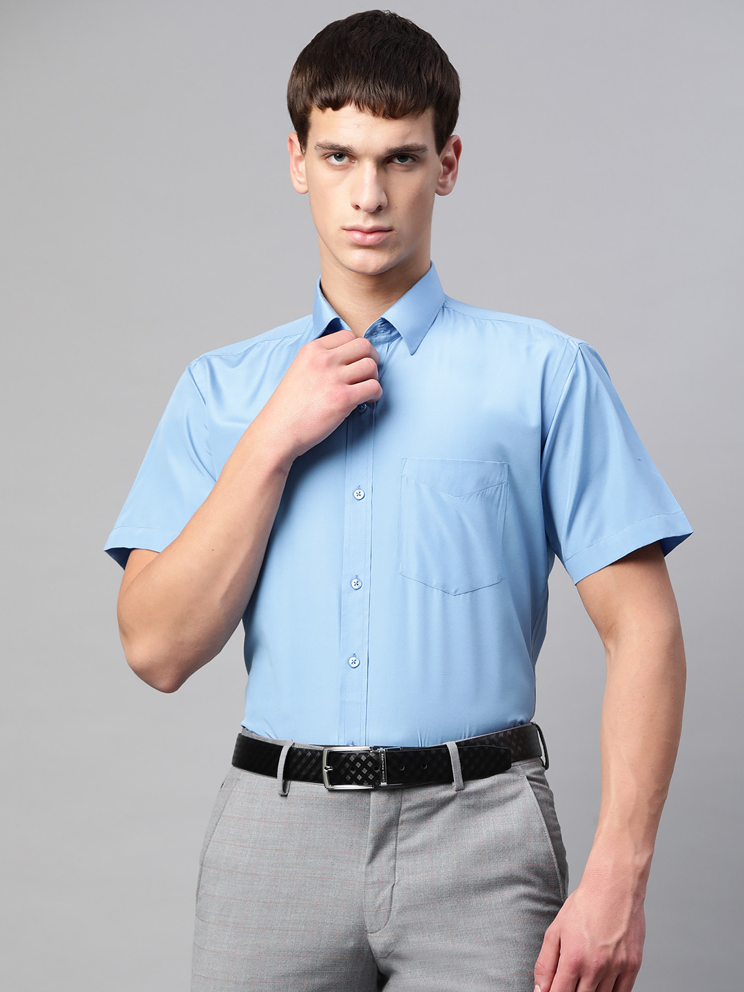 English Navy Men Blue Polyester Slim Fit Solid Formal Shirt