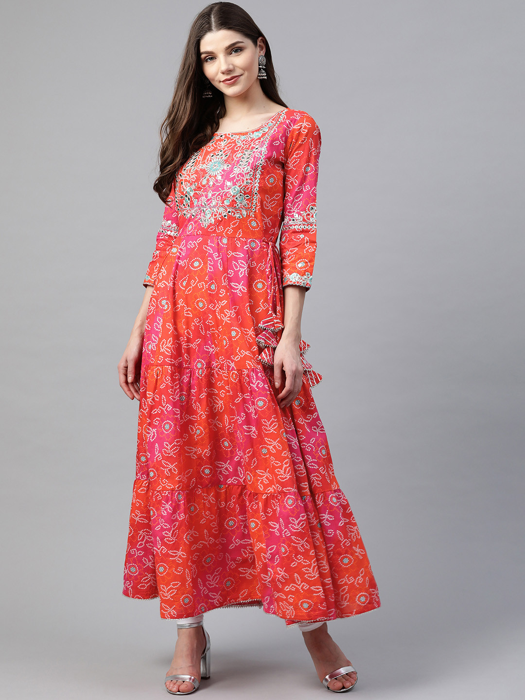 Divena Women Pink & Orange Mirror Work Cotton Bandhani Printed Tiered Anarkali Kurta
