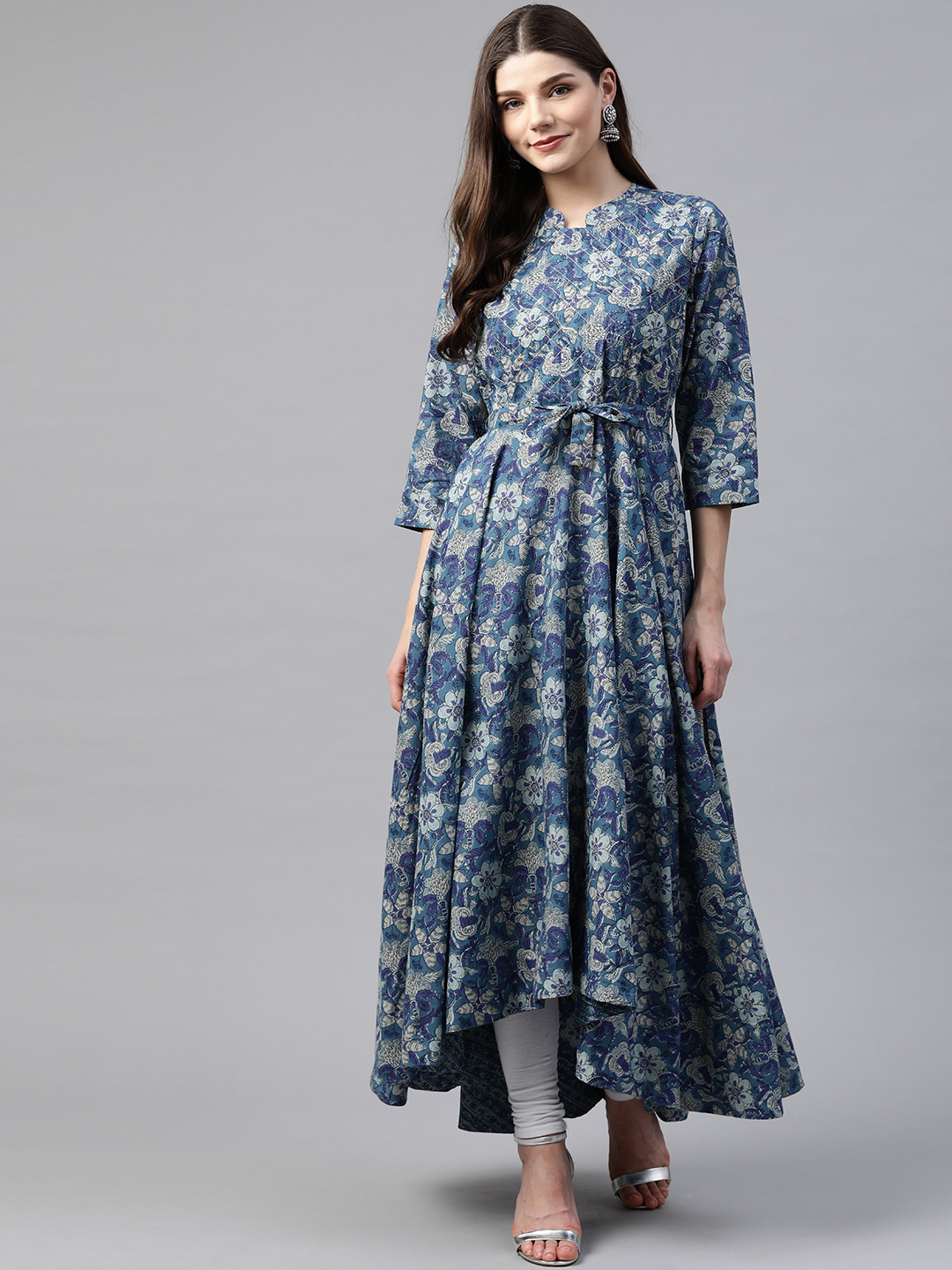 Divena Women Blue & Beige Ethnic Motifs Print Thread Work Pure Cotton Anarkali Kurta