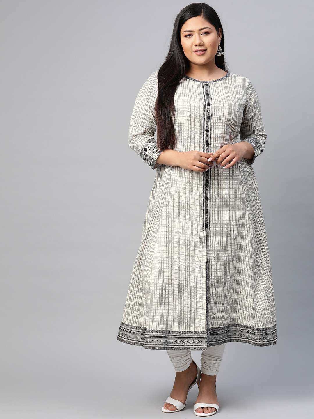 YASH GALLERY Women Plus Size Off White & Grey Geometric Checked A-Line Kurta