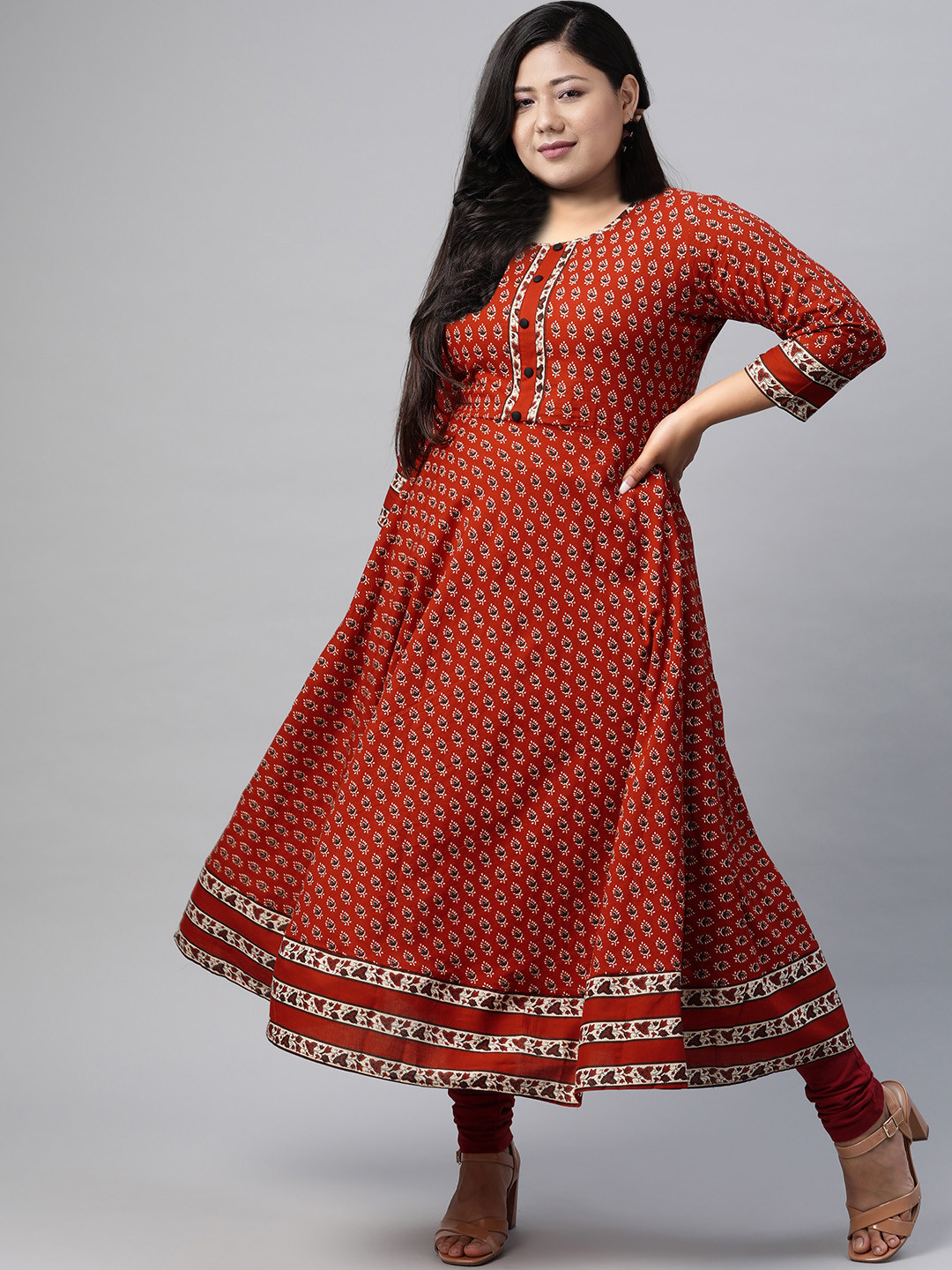 YASH GALLERY Women Plus Size Maroon  Off-White Printed A-Line Kurta