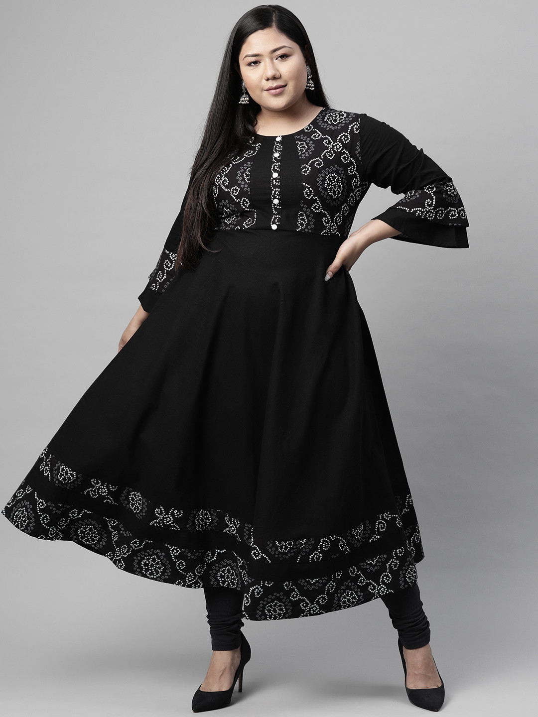 YASH GALLERY Women Plus Size Black & White Yoke Design Bell Sleeves A-Line Kurta