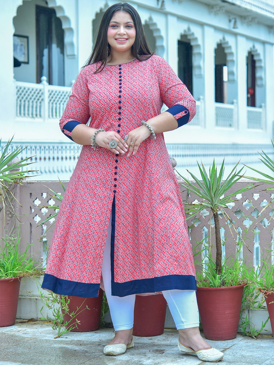 Yash Gallery Women Red & White Geometric Printed A-Line Kurta