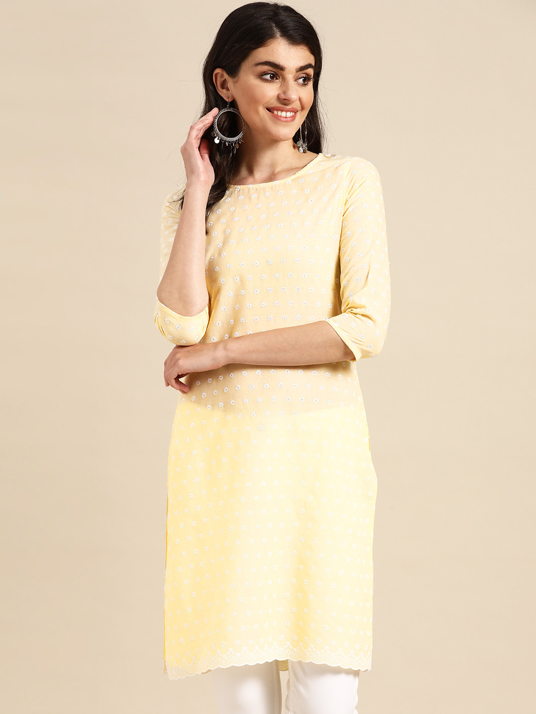 Prakrti Women Yellow Floral Embroidered Chikankari Kurta
