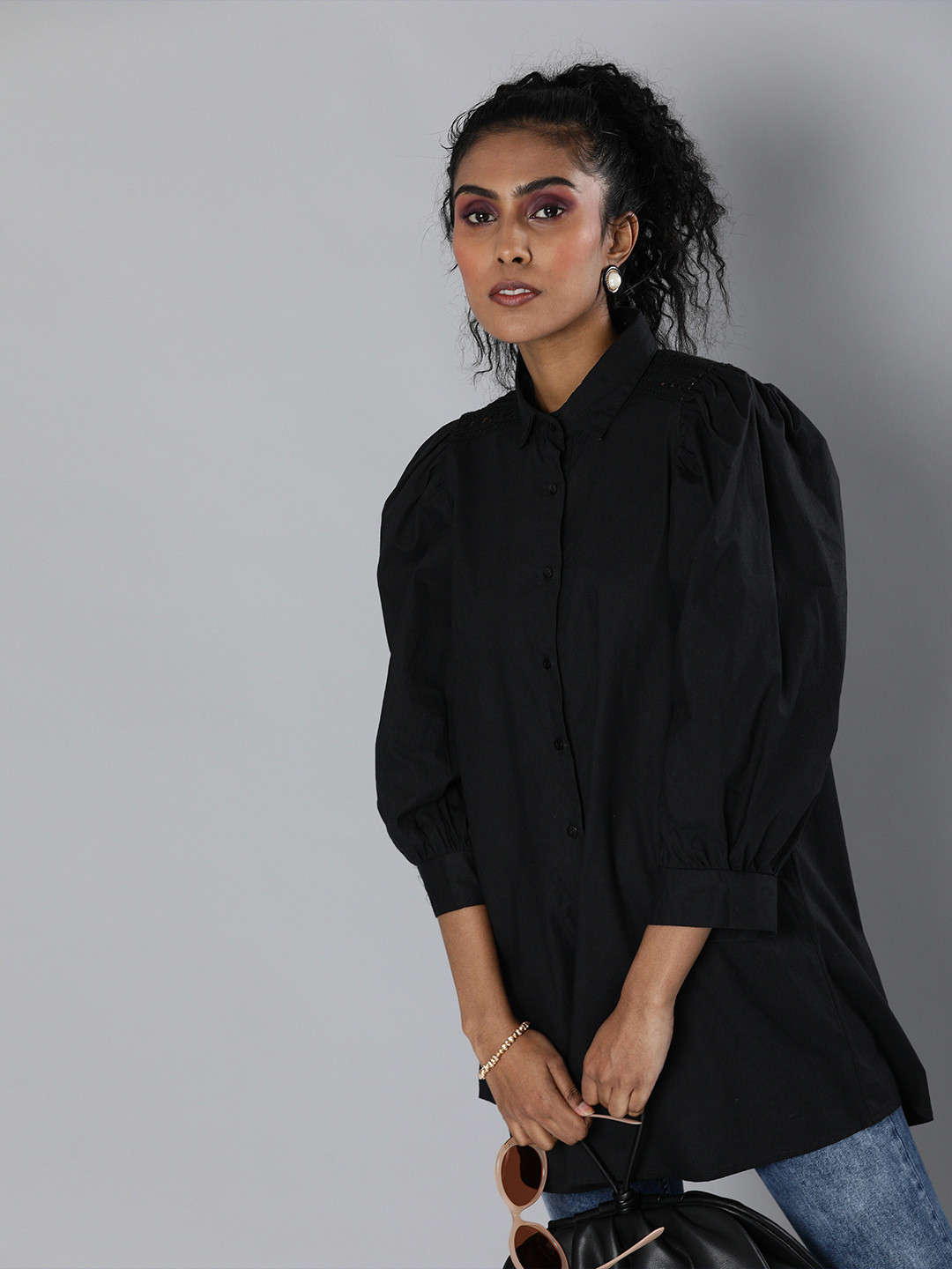 SCOUP Women Black Solid Power Shoulders Tunics with Lace Detailing