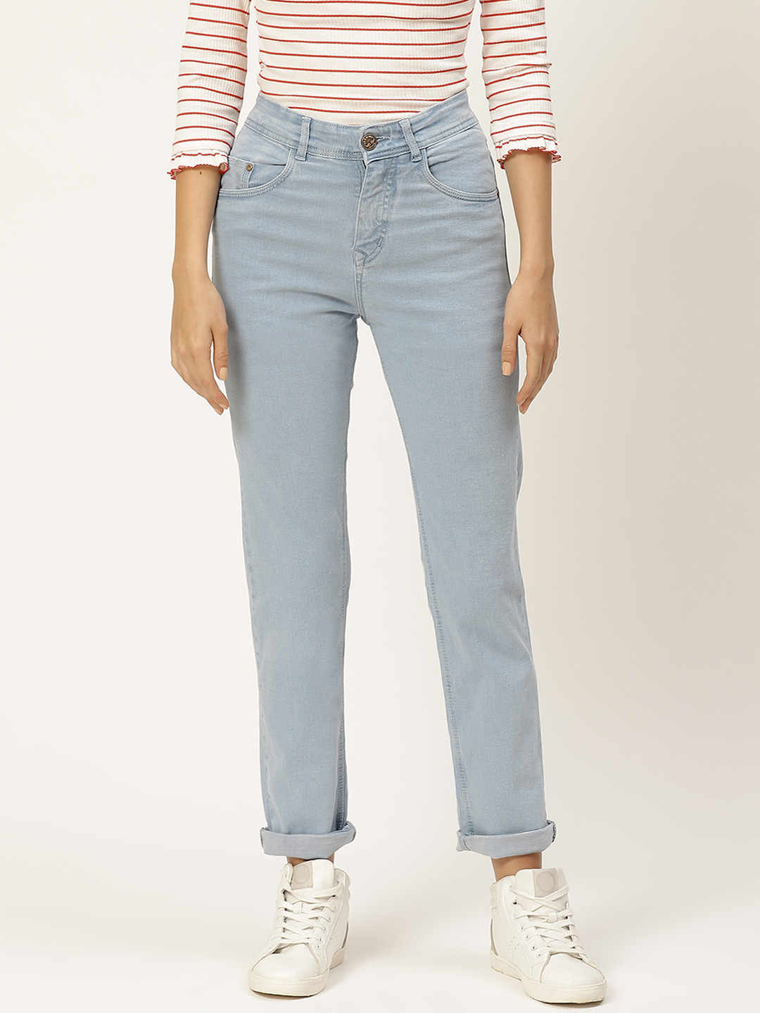 PARIS HAMILTON Women Blue Boyfriend Fit High-Rise Clean Look Stretchable Jeans