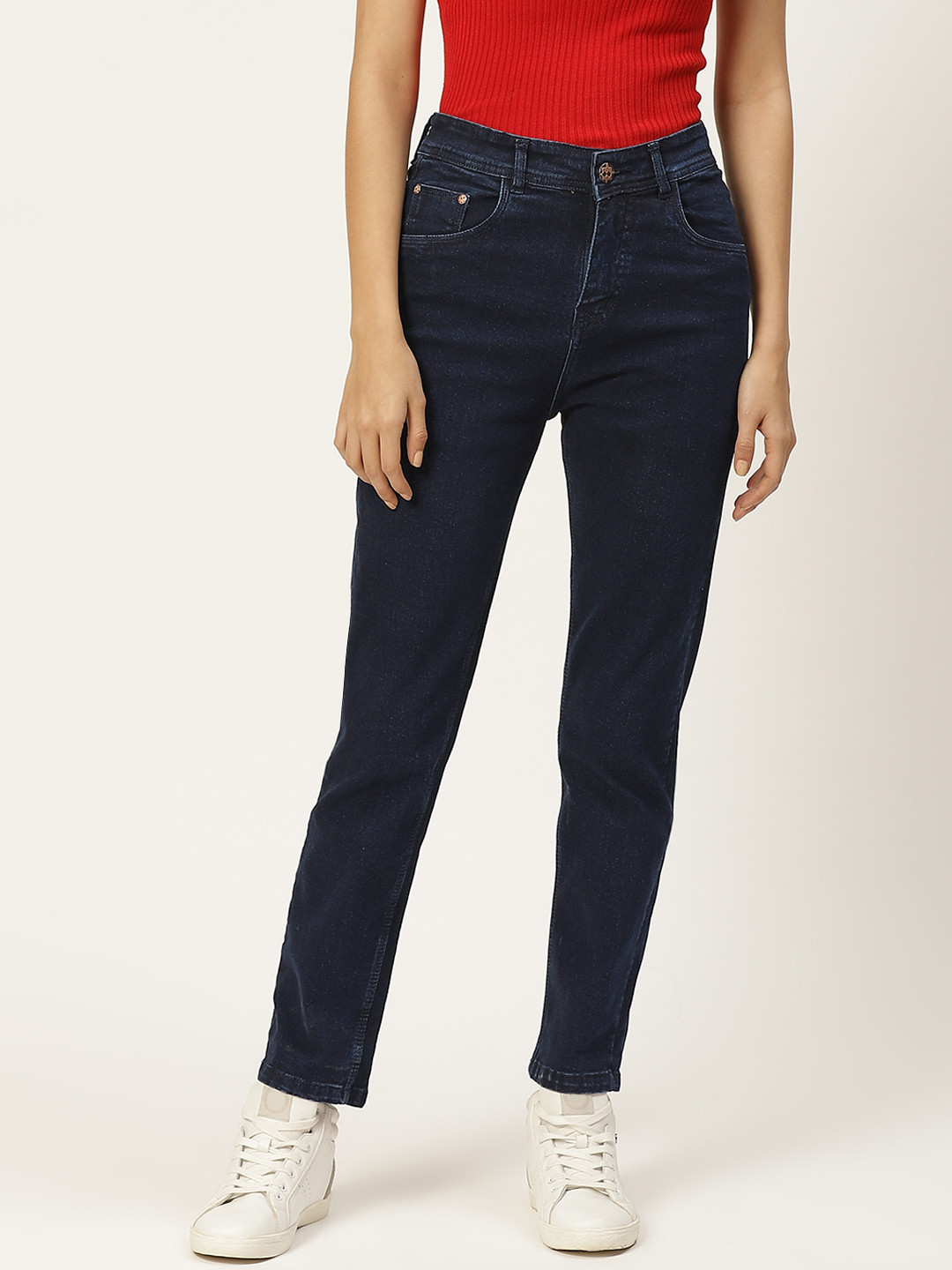 PARIS HAMILTON Women Navy Blue Boyfriend Fit High-Rise Clean Look Stretchable Jeans