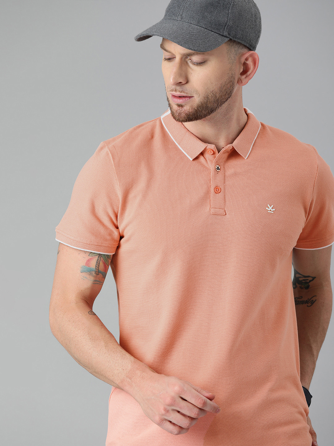 WROGN Men Peach-Coloured Slim Fit Solid Polo Collar  Cotton T-shirt