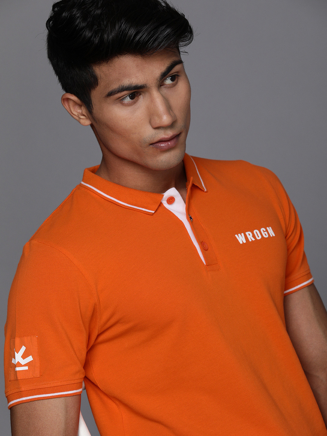 WROGN Men Orange Solid Polo Collar Regular New Basics Cotton Slim Fit T-shirt