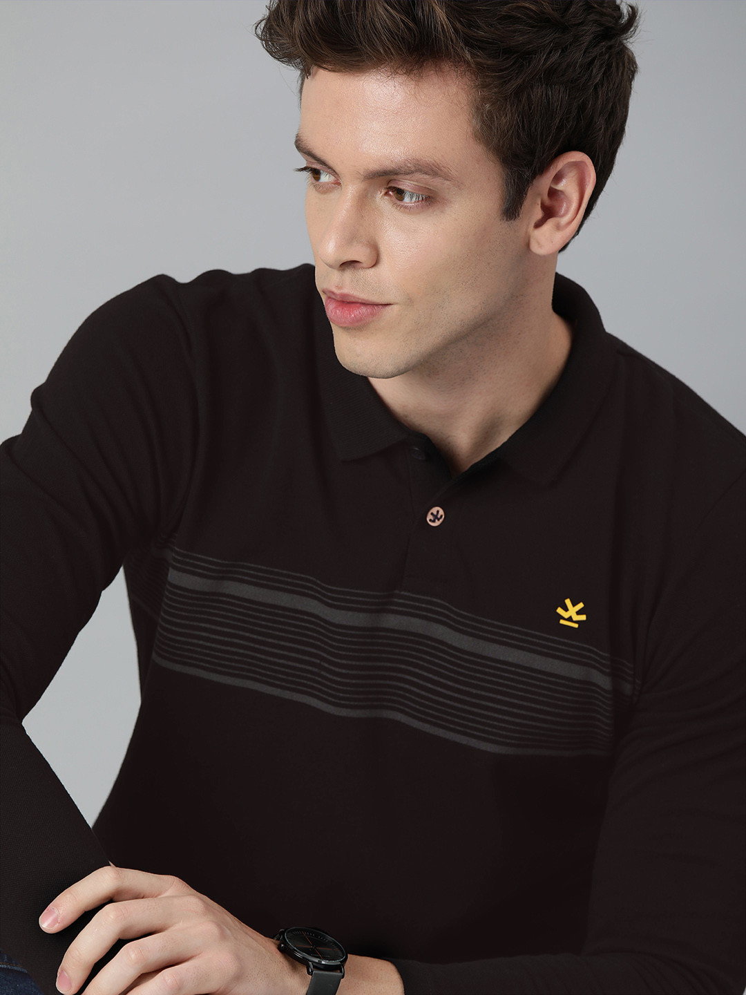 WROGN Men Black  Grey Slim Fit Striped Polo Collar  Cotton T-shirt