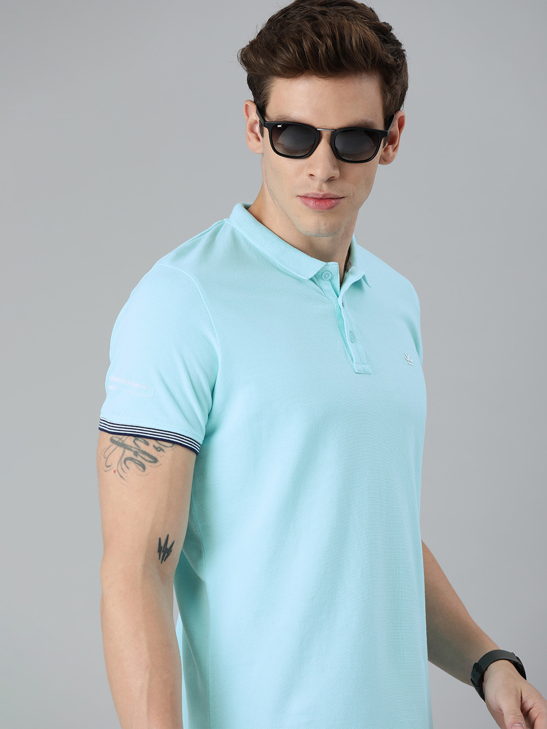 WROGN Men Turquoise Blue Slim Fit Solid Polo Collar Cotton T-shirt