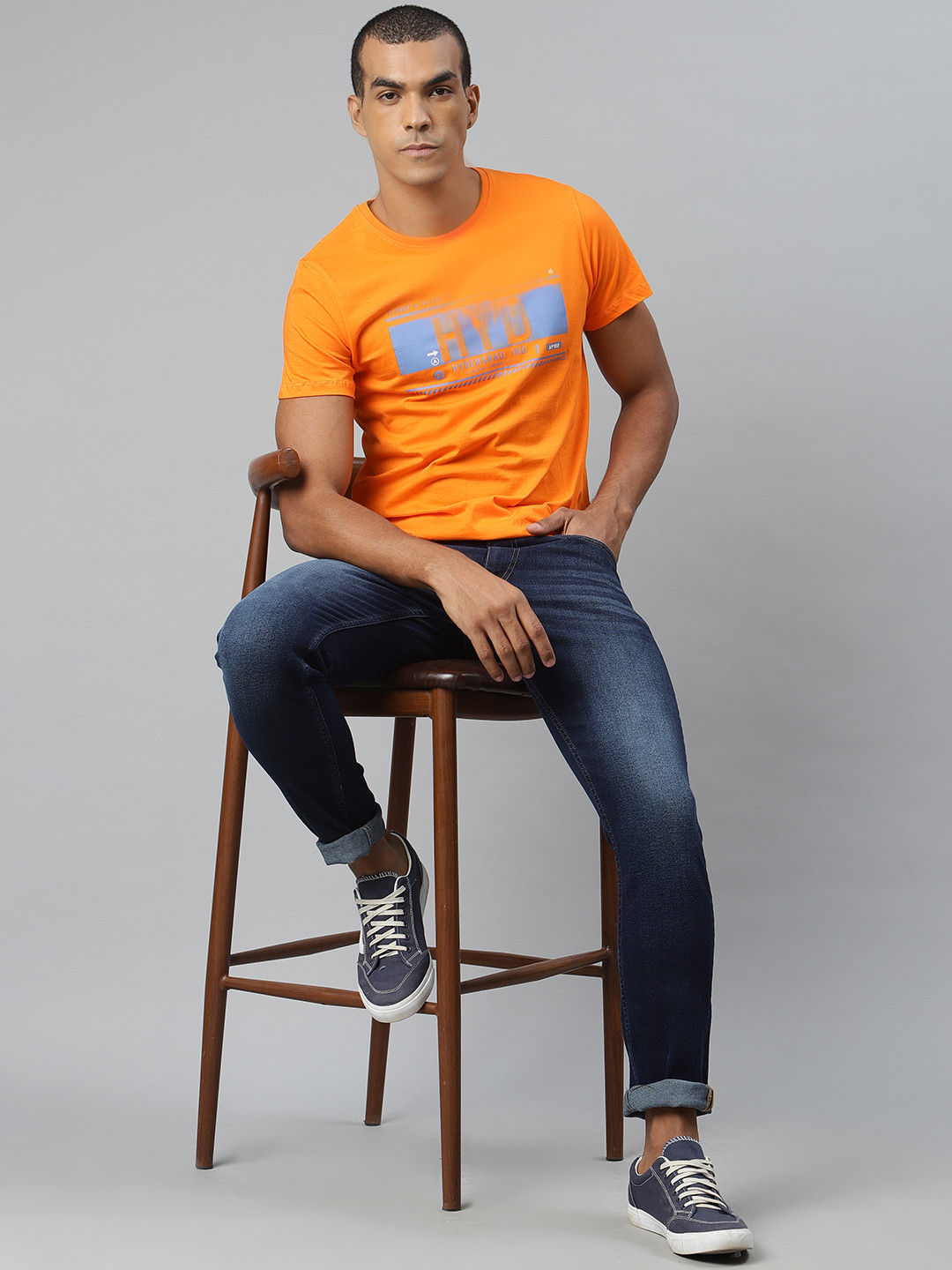 WROGN Men Yellow & Blue Cotton City Code Printed Round Neck T-shirt