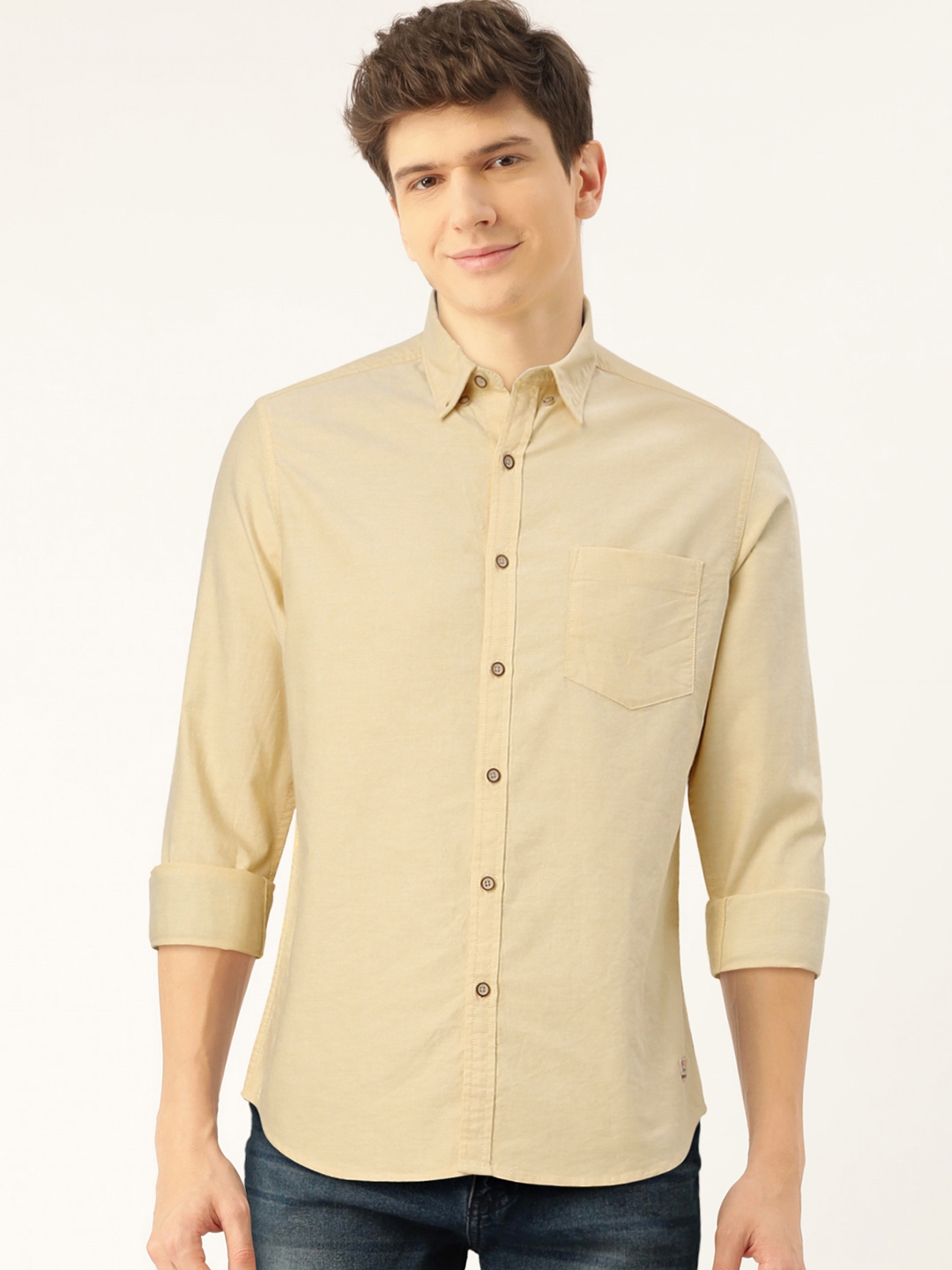 Flying Machine Men Yellow Slim Fit Solid Casual Shirt