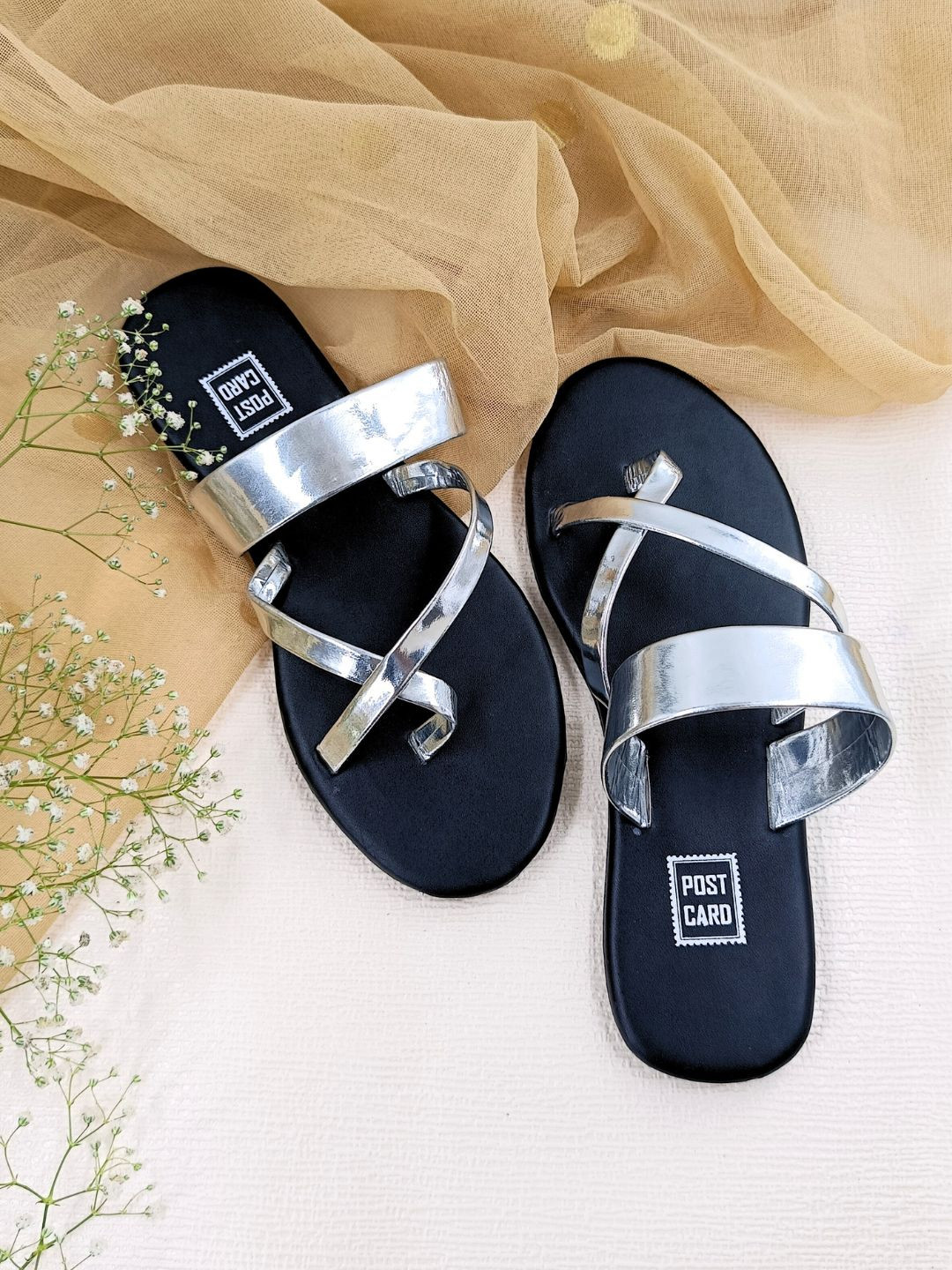 POSTCARD Women Silver-Toned Solid One Toe Flats